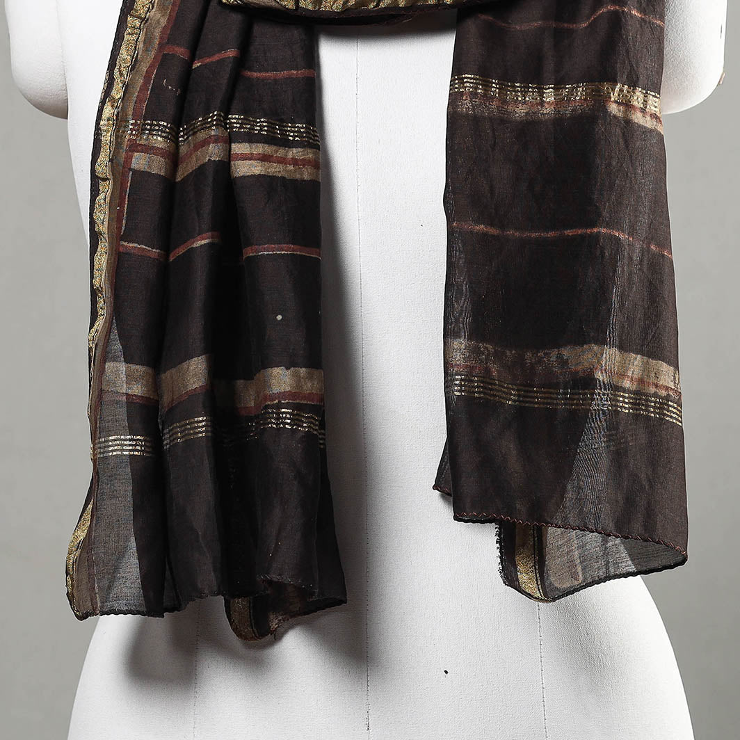 HAVELI CHRONICLES Brown - Akola Block Printed Chanderi Silk Handloom Stole with Zari Border - view 3