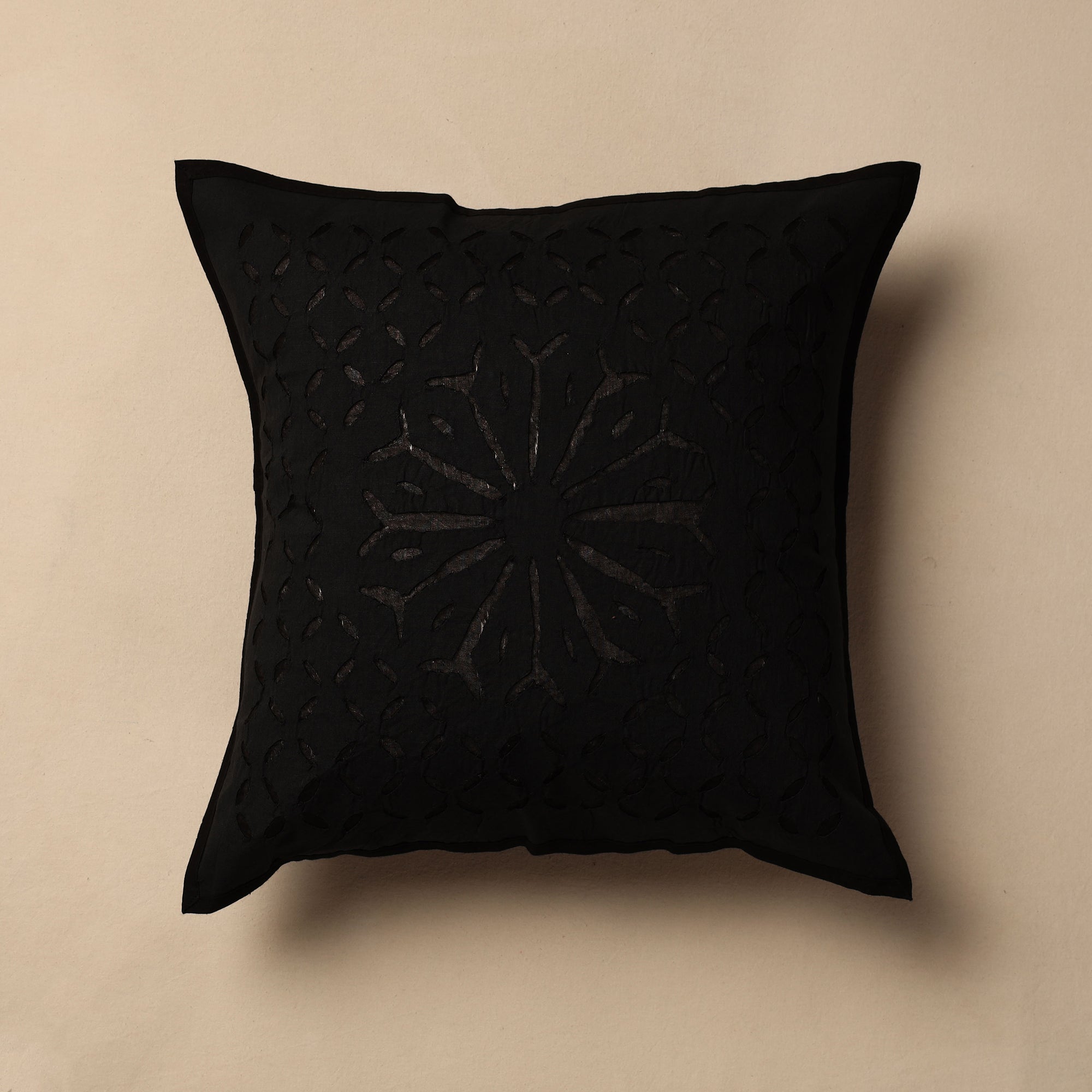 SHADES OF MARUDHARA Black - Cutwork Cotton Applique Cushion Cover (16 x 16 in)
