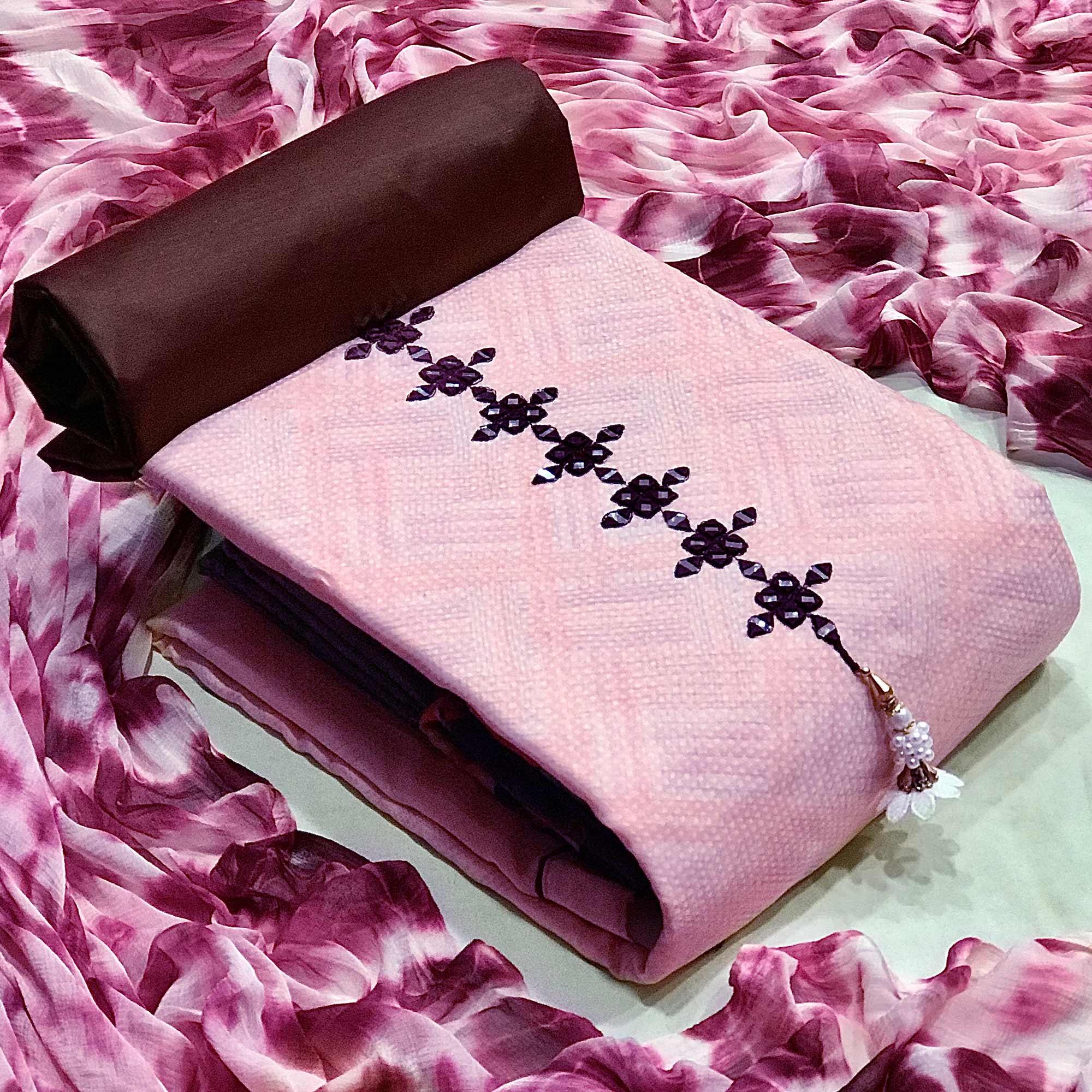Peachmode Light Pink Printed With Embroidered Cotton Blend Dress Material