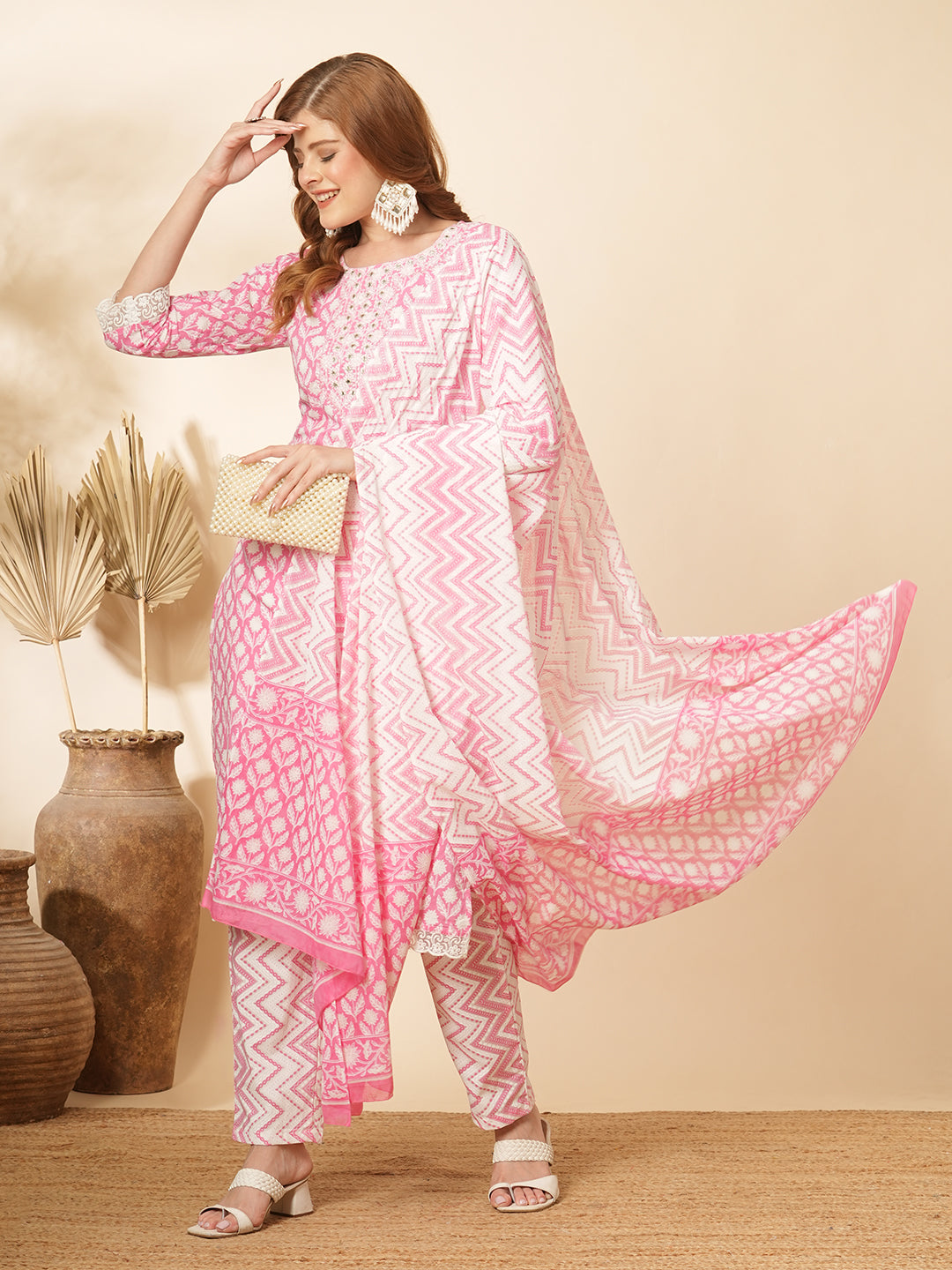 FASHOR Floral Printed & Embroidered Straight Kurta with Pant & Dupatta - Pink