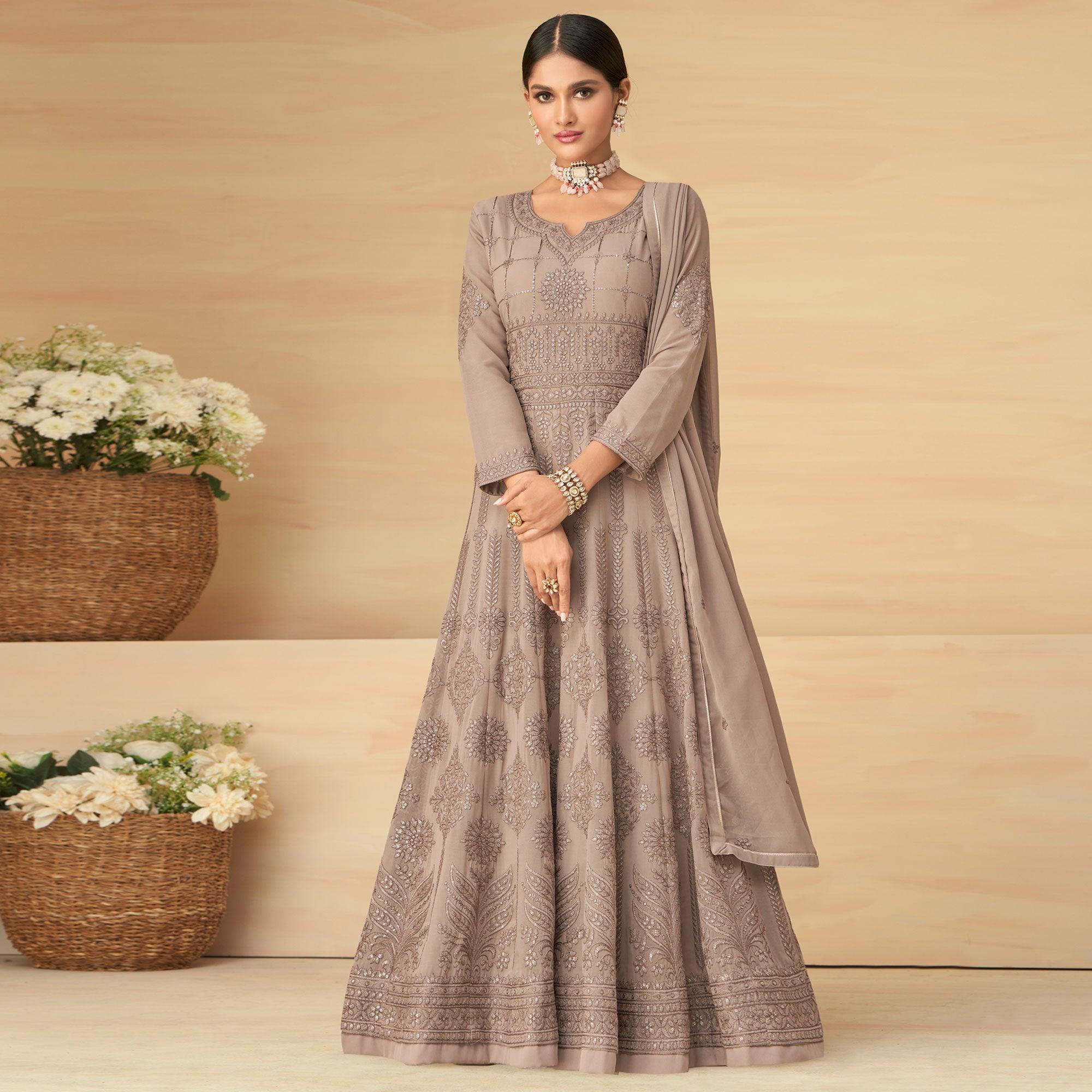 Peachmode Seller Coffee Embroidery With Embellished Work Georgette Partywear Gown - view 2