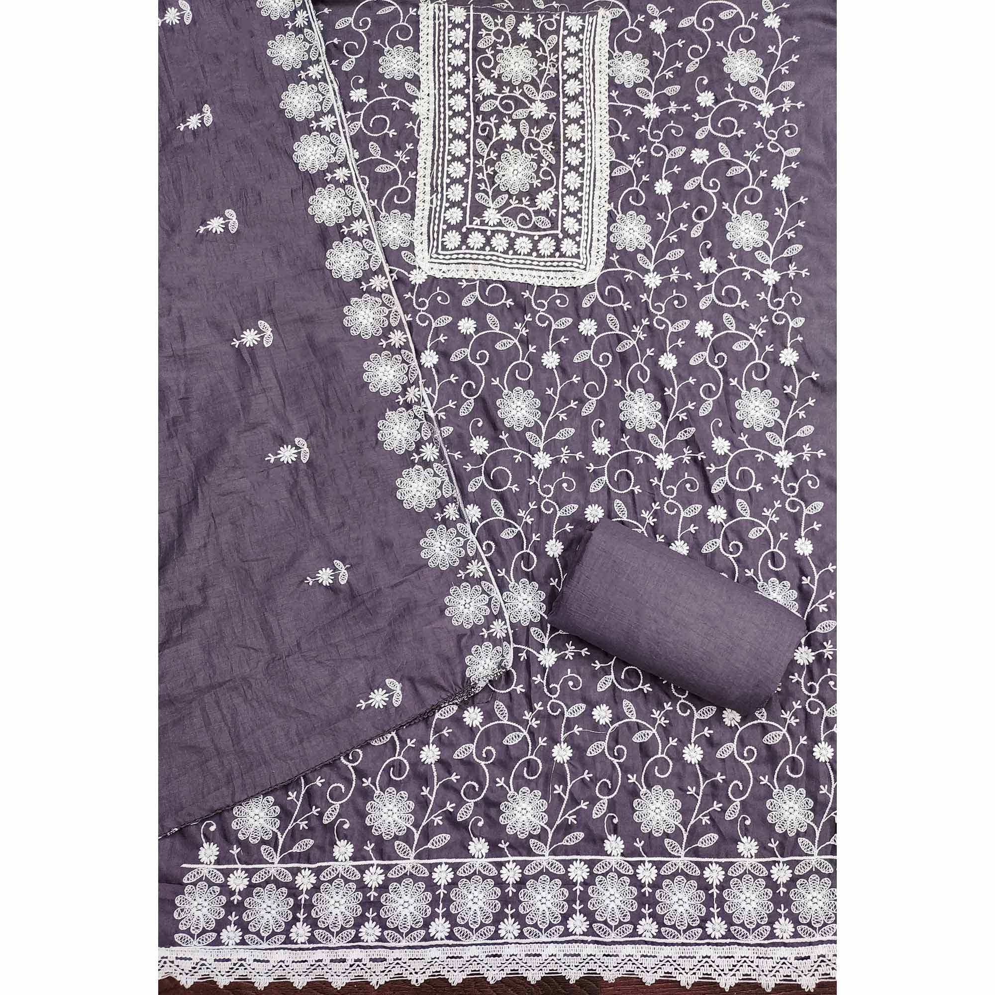 Peachmode Dark Grey Floral Embroidered Art Silk Dress Material - view 4