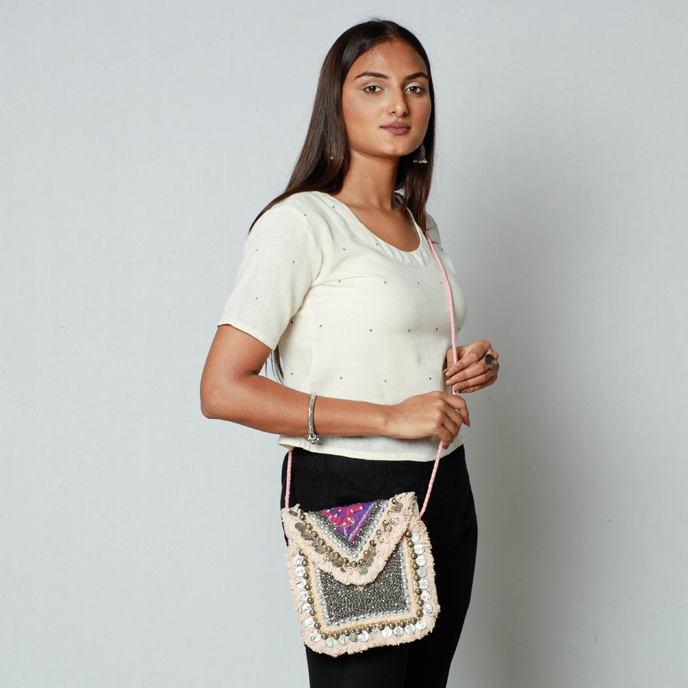 KACHCHH JI CHHAAP Beige - Banjara Vintage Embroidery Bead & Coin Work Sling Bag