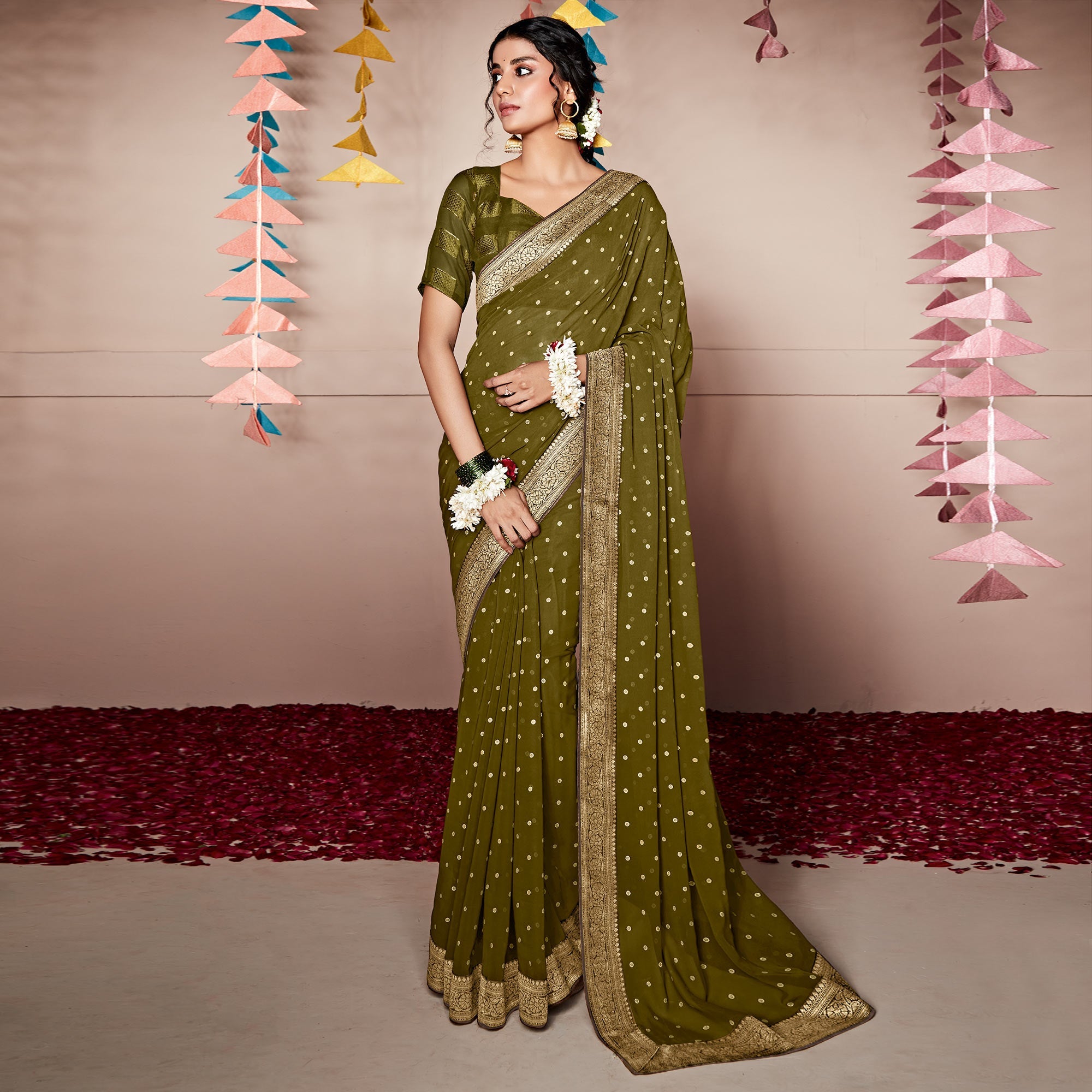 Peachmode Mehendi Green Foil Printed With Woven Border Georgette Saree - view 2