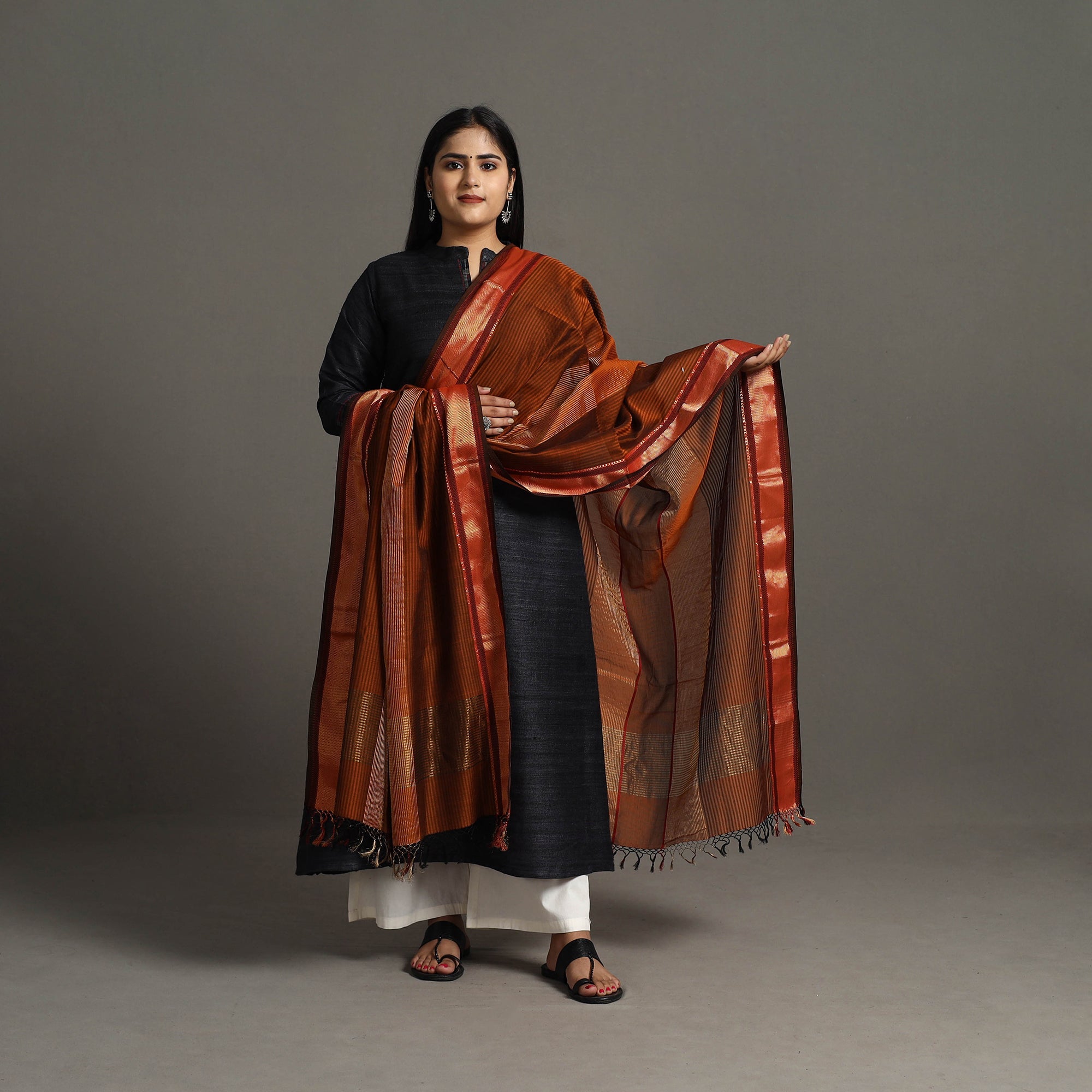 ITOKRI CRAFTS INITIATIVE Brown - Handloom Silk Cotton Zari Work Maheshwari Dupatta 43