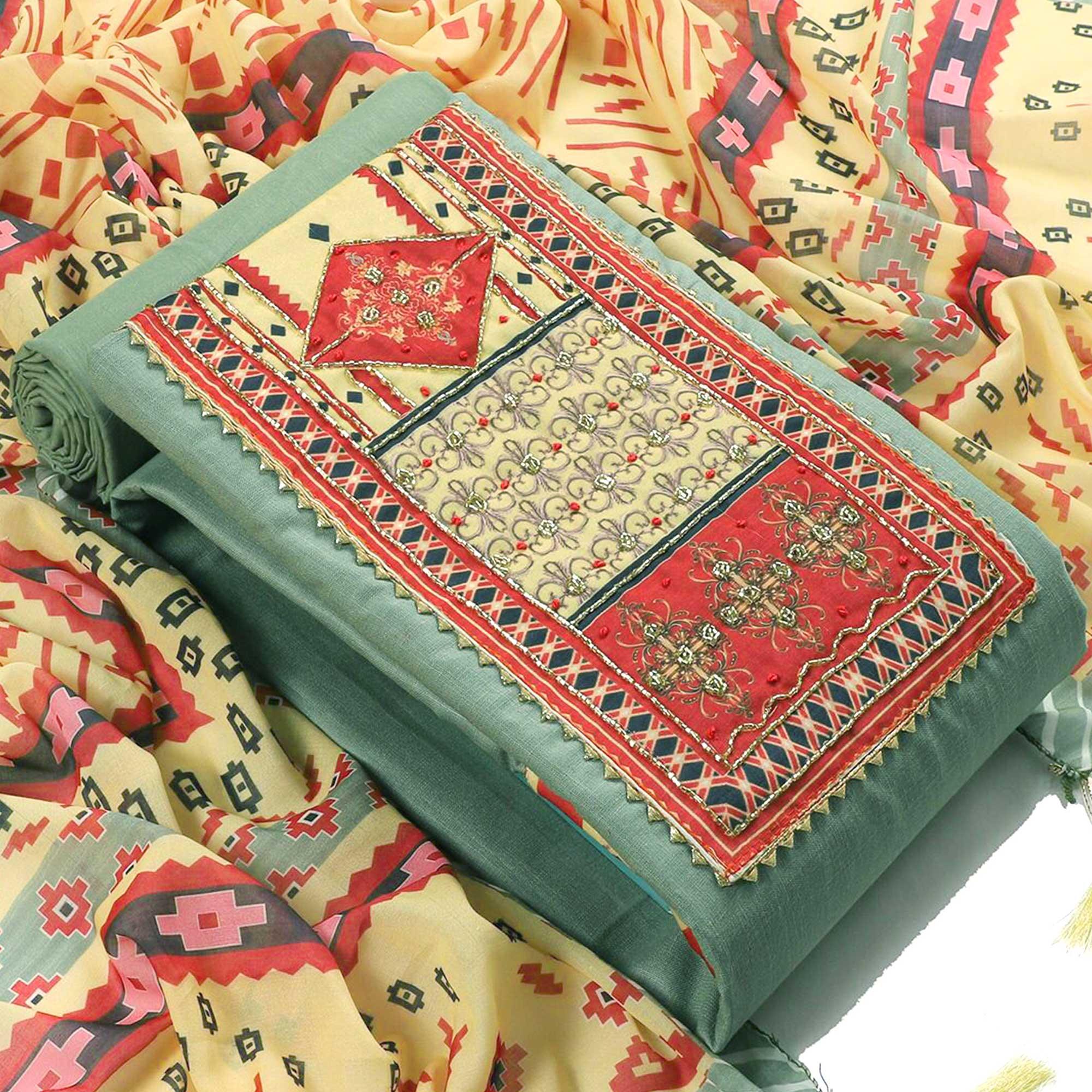 Green dresses – BlackTree green-embroidered-poly-cotton-dress-material-1