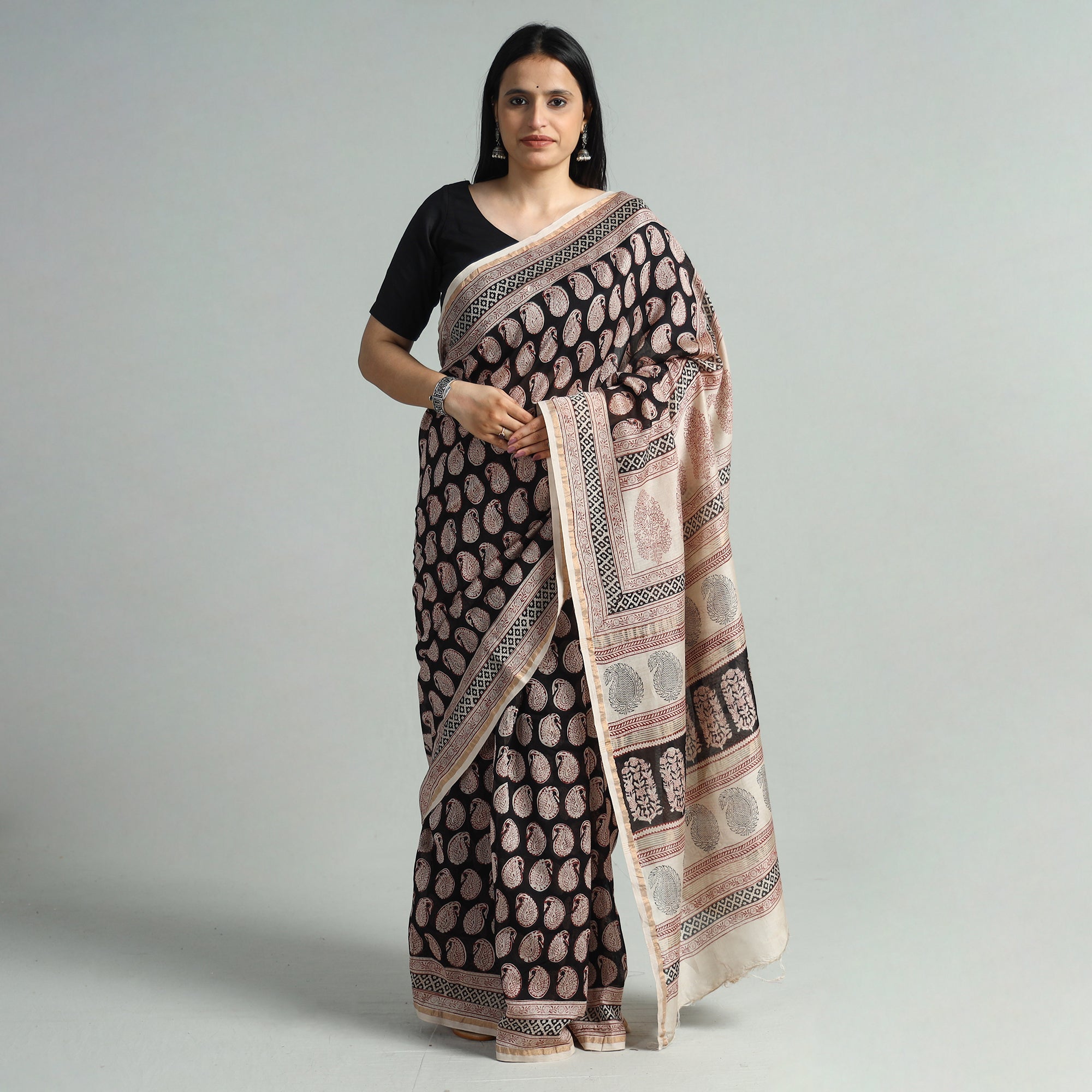 BAGH PRINTS BY MOHAMMED BILAL KHATRI Black - Bagh Block Printed Chanderi Silk Saree 111