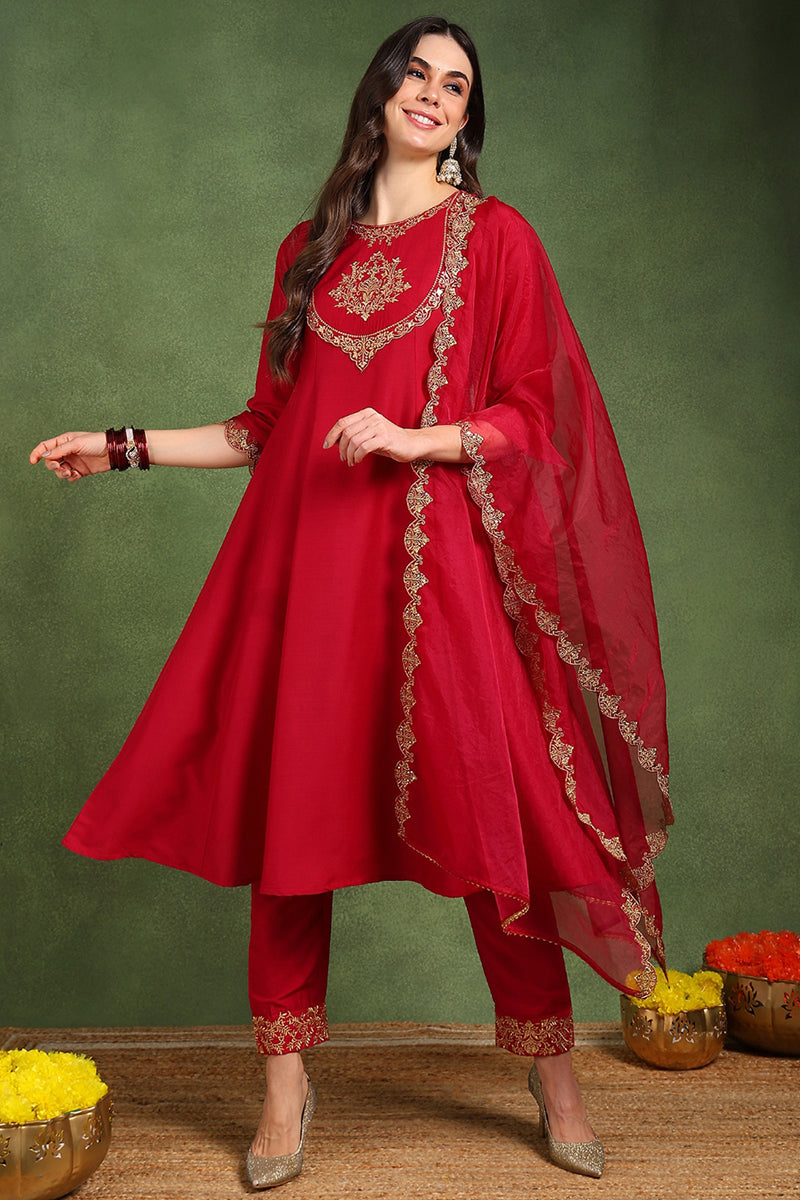 Ahika Pink Silk Blend Solid Embroidered Anarkali Suit Set With Trouser Style Bottom PKSKD2726