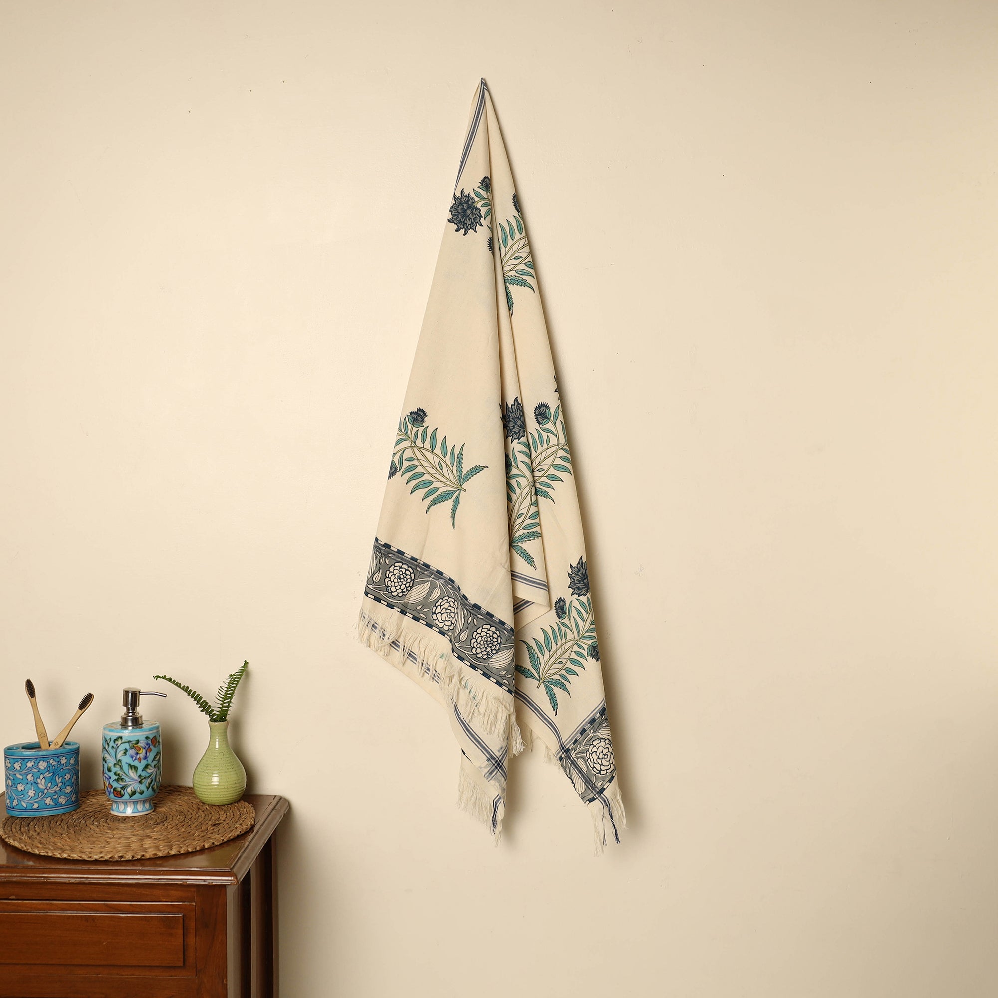ARTISAN HAND BLOCK PRINTS Beige - Block Printed Handloom Cotton Sanganeri Towel 46