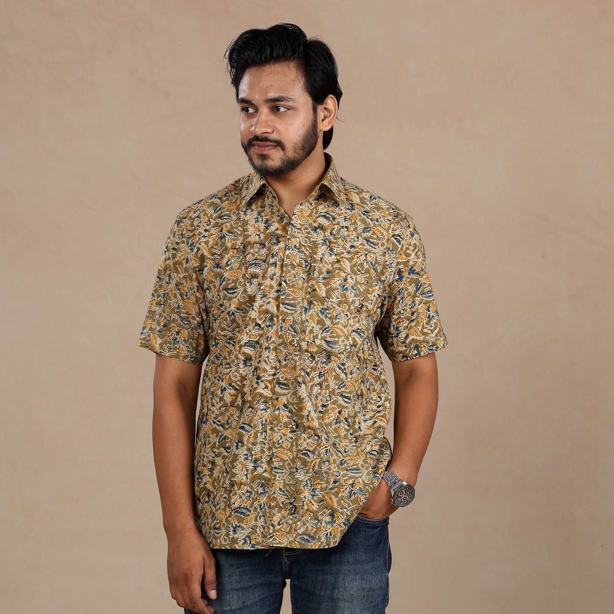 ITOKRI CASUALS Brown - Men Kalamkari Block Printed Cotton Half Sleeve Shirt