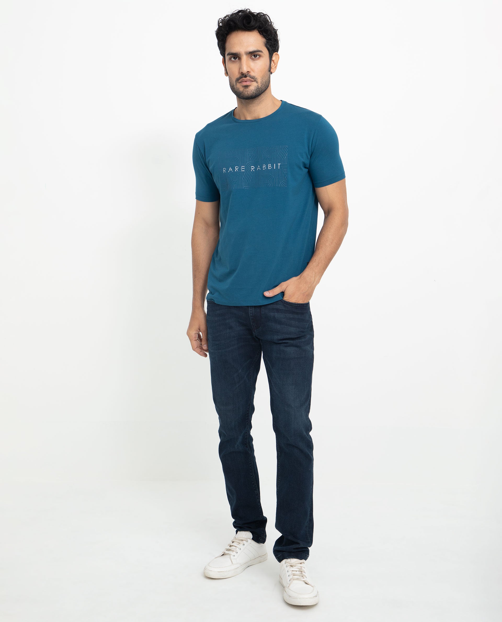 Rare Rabbit Men's Alanet Teal Crew Neck Foil HD Print Branding Half Sleeves Regular Fit T-Shirt - view 5