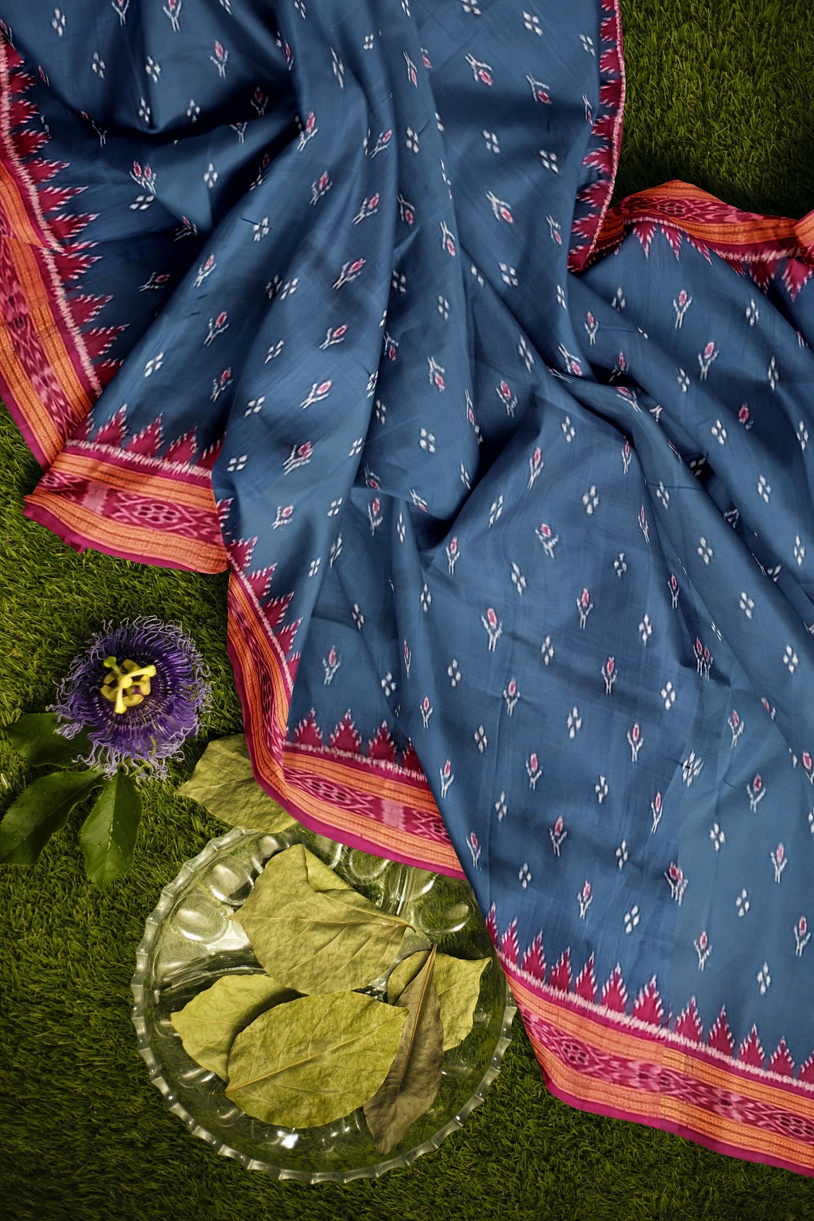 IndianVillèz Steel Blue Mayur Chandrika Odisha Ikat Khandua Silk Saree - view 3