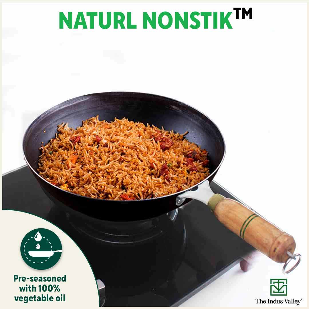 The Indus Valley 100% Pure Iron Wok with Wooden Handle, Toxin-free Sheet Iron, Pre-seasoned, 2.2/4.2L, 1/1.5kg - view 8