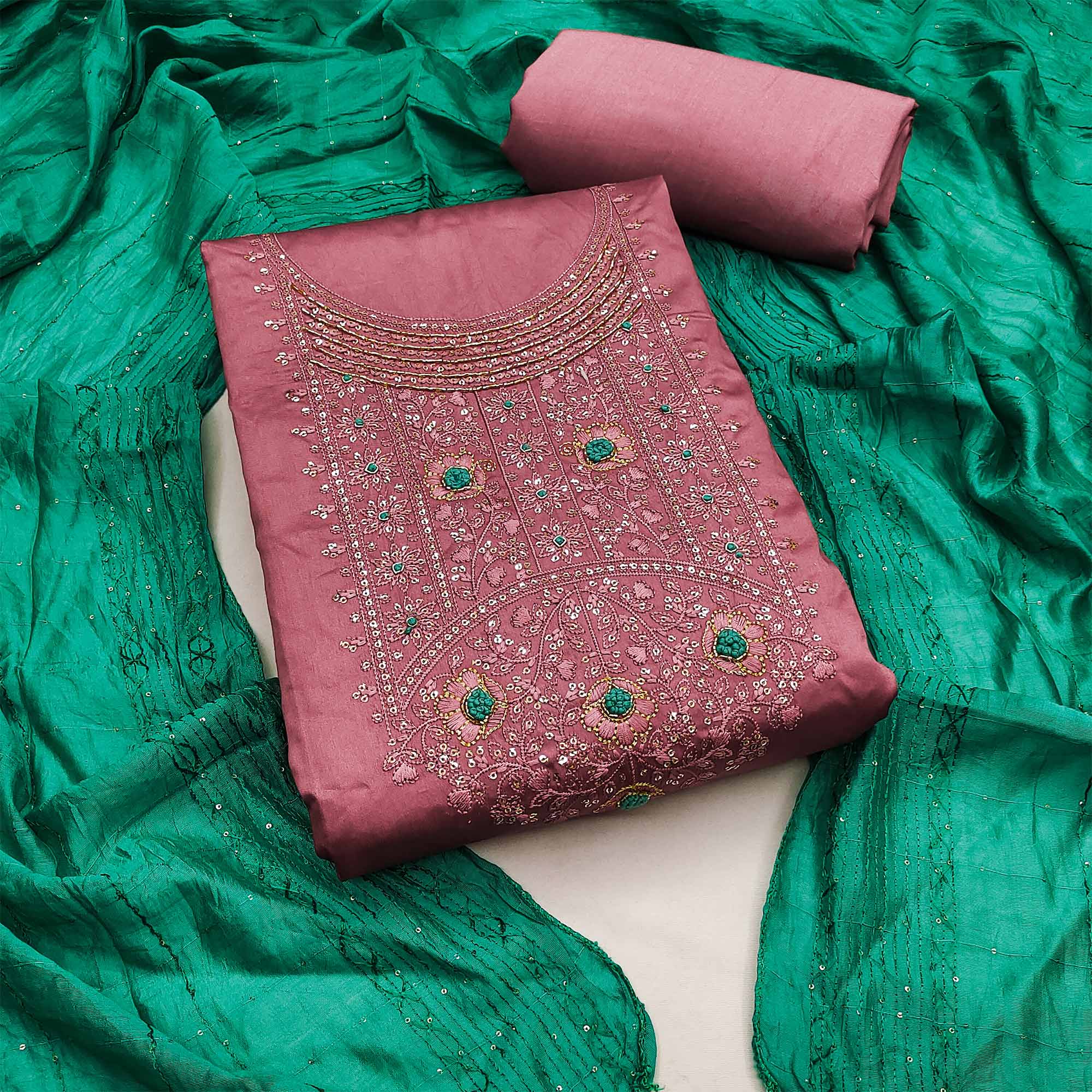 Peachmode Dusty Pink Sequins Embroidered Cotton Silk Dress Material