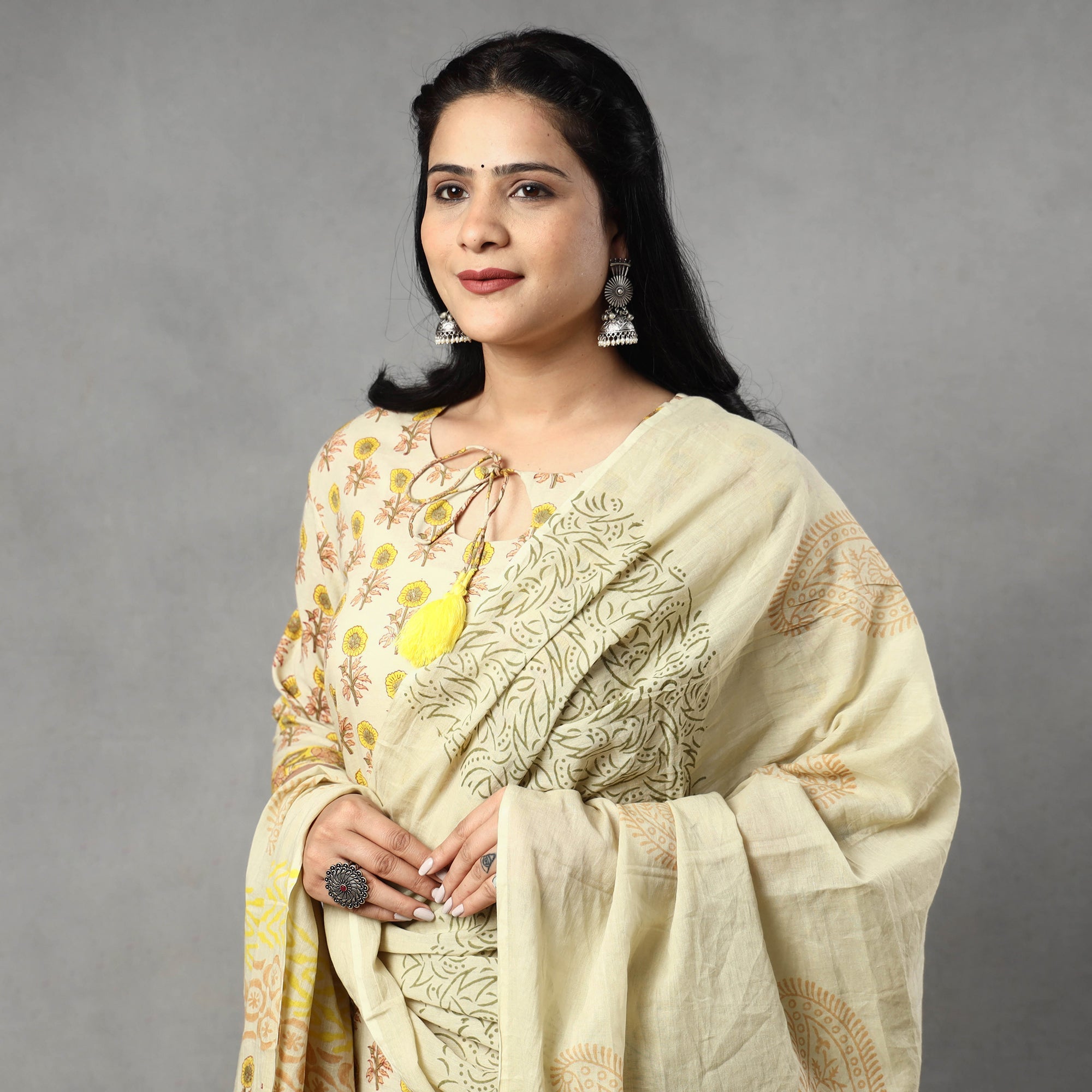 ITOKRI CASUALS Beige - Sanganeri Block Printing Cotton Kurta with Palazzo & Dupatta Set - view 2