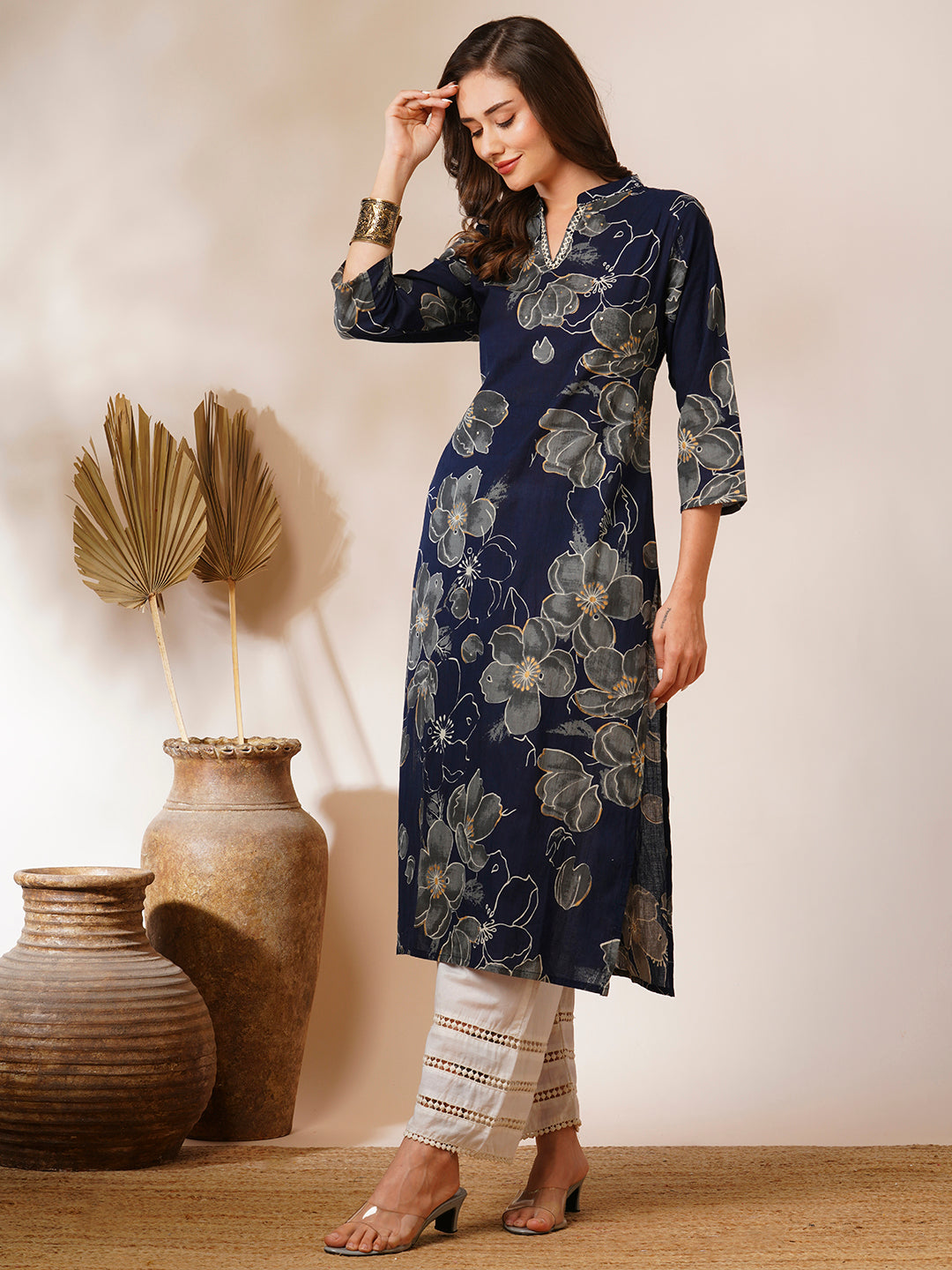 FASHOR Abstract Floral Printed Straight Fit Kurta - Navy Blue