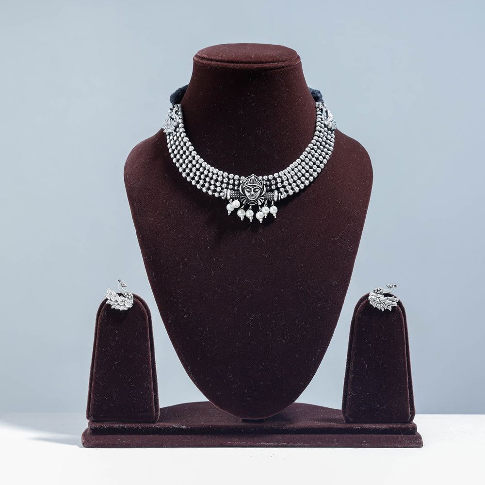WHITE RIVER STORIES Antique Silver Finish Oxidised Brass Base Necklace Set with Ring