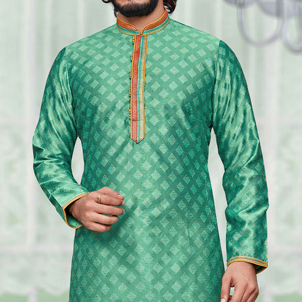 Peachmode Seller Light Green Woven Jacquard Kurta Pyjama Set - view 3