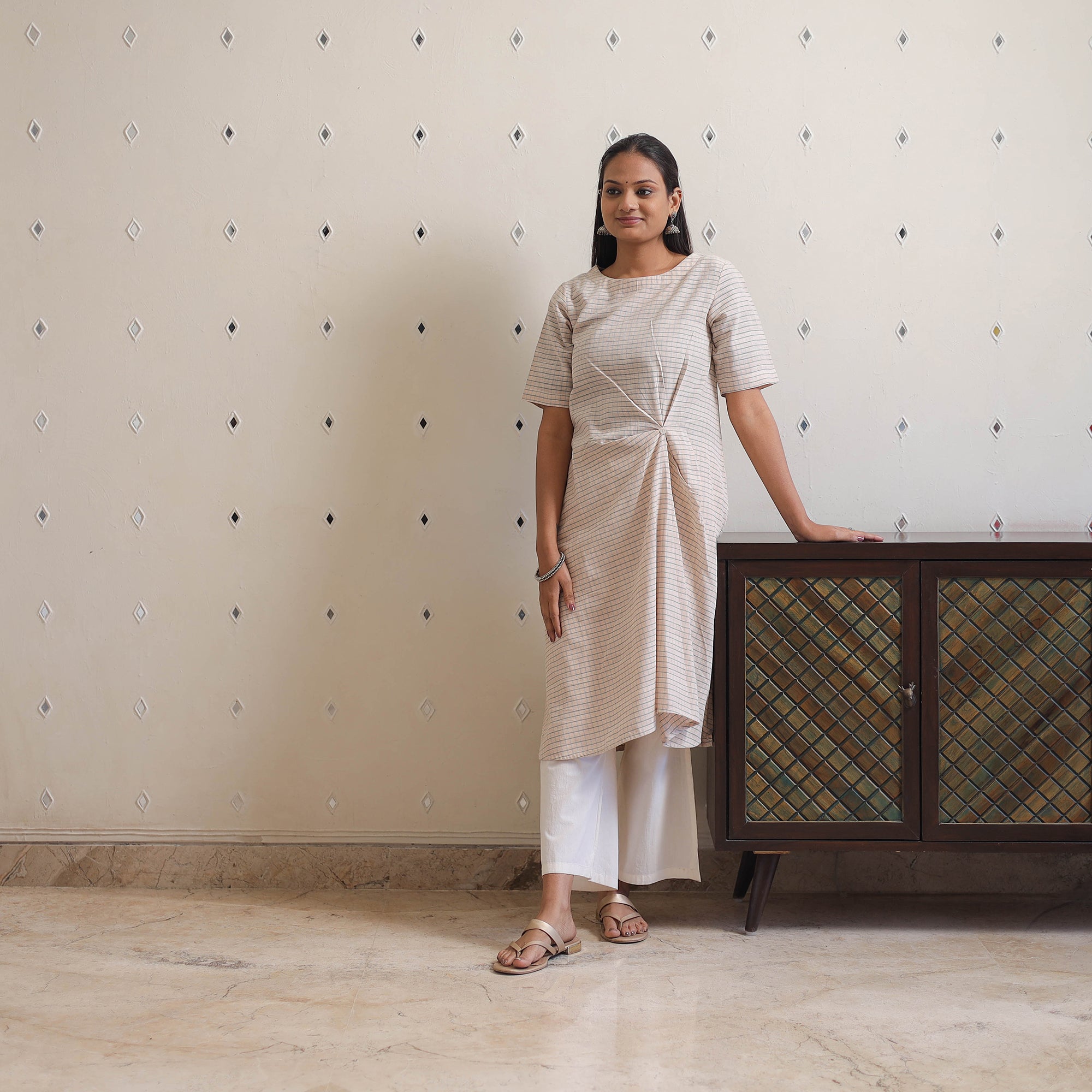 CREYO Beige - Handwoven Front Tuck Checks Cotton Kurta 30 - view 3
