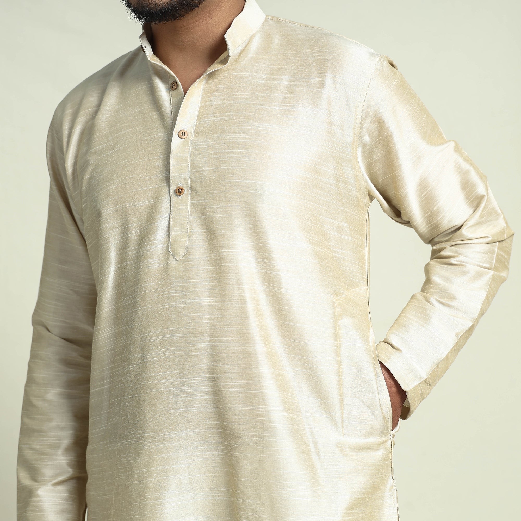 ITOKRI CASUALS Beige - Plain Dyed Slub Silk Men Long Kurta - view 4