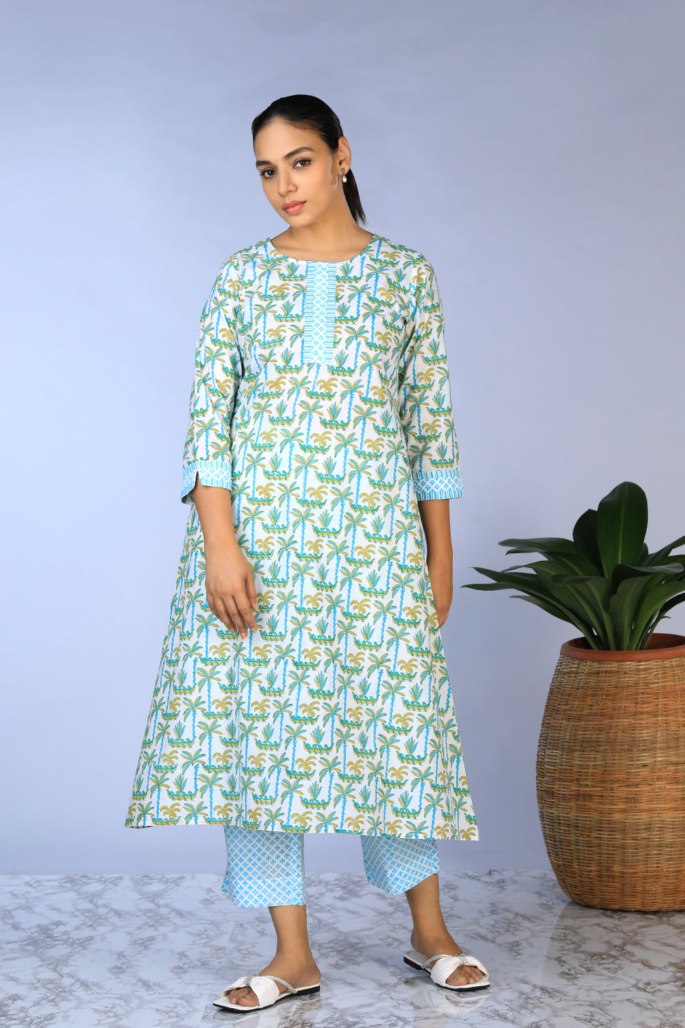 Kalanjali Ethnics Handblock Printed A-line Kurti with pants set