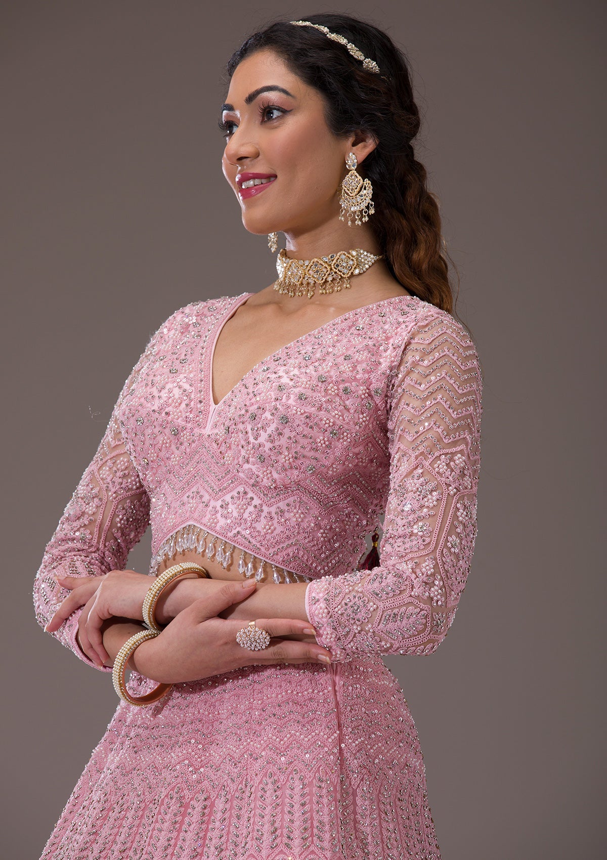 Koskii Baby Pink Silver Stonework Net Readymade Lehenga - view 2