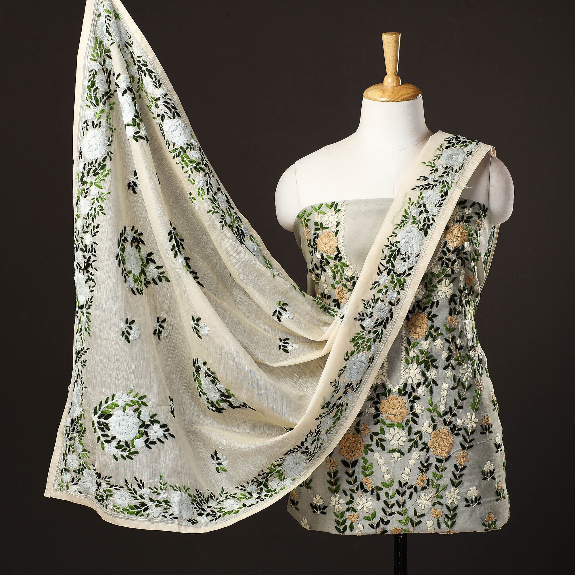 ITOKRI CRAFTS INITIATIVE Grey - 3pc Hand Embroidery Silk Cotton Phulkari Dress Material 20