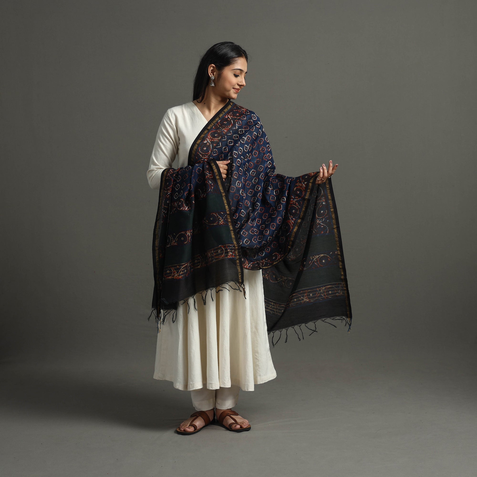 BAGRU DABU PRINTS Blue - Block Printed Chanderi Silk Bagru Dupatta 88 - view 2