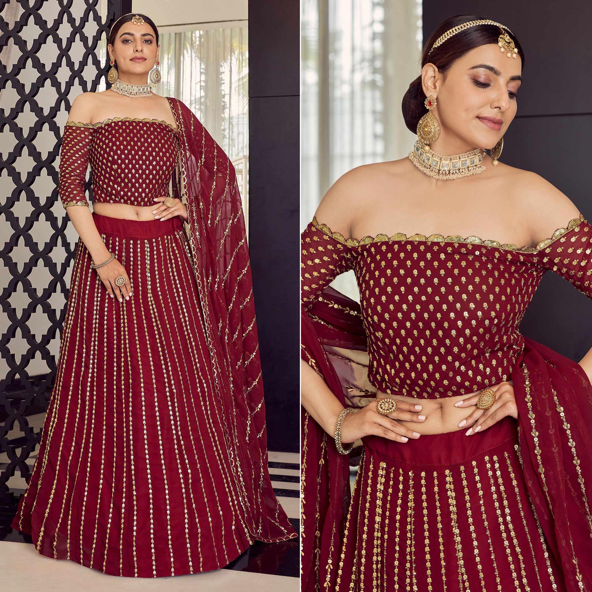 Peachmode Maroon Embellished With Embroidered Georgette Lehenga Choli
