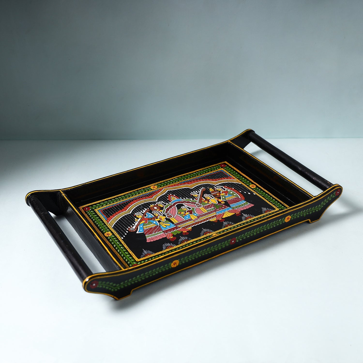 SASHA Black - Tikuli Art Handpainted Wooden Tray (Large)