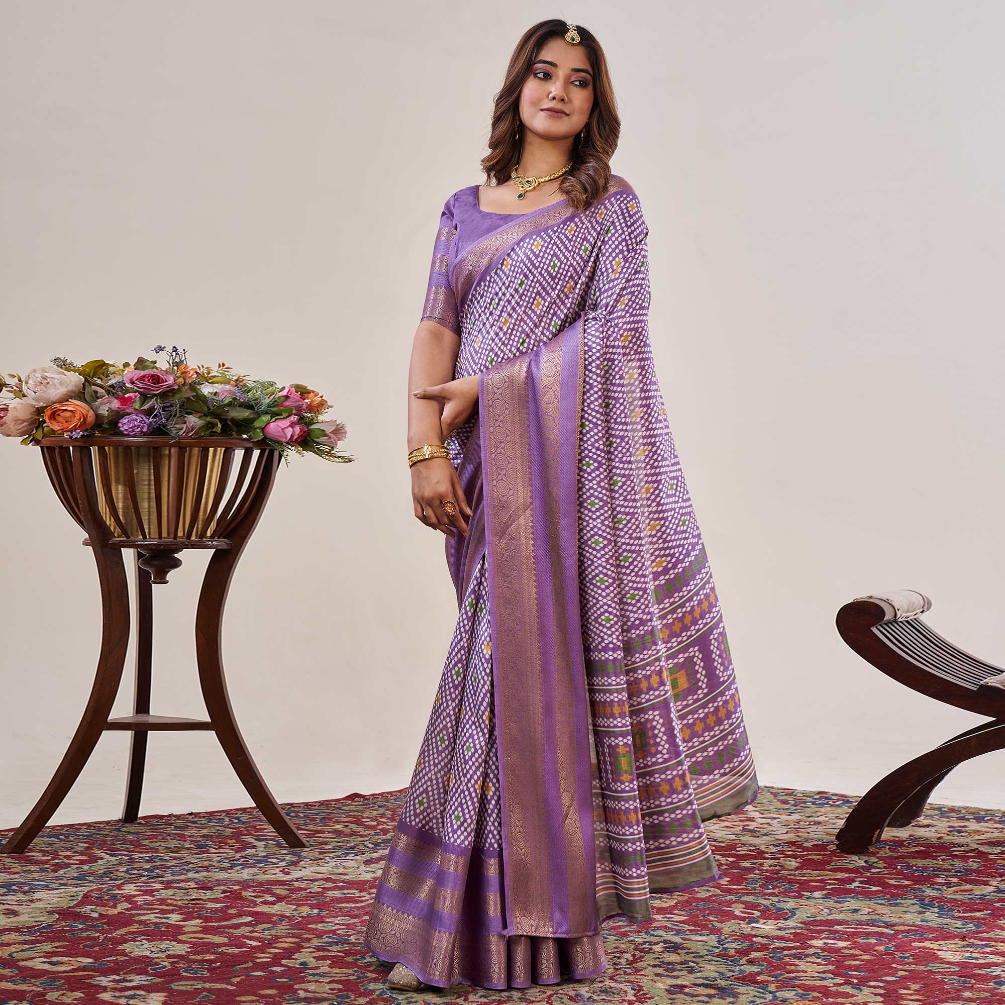 Peachmode Lavender Ikkat Printed With Jacquard Border Cotton Silk Saree - view 2