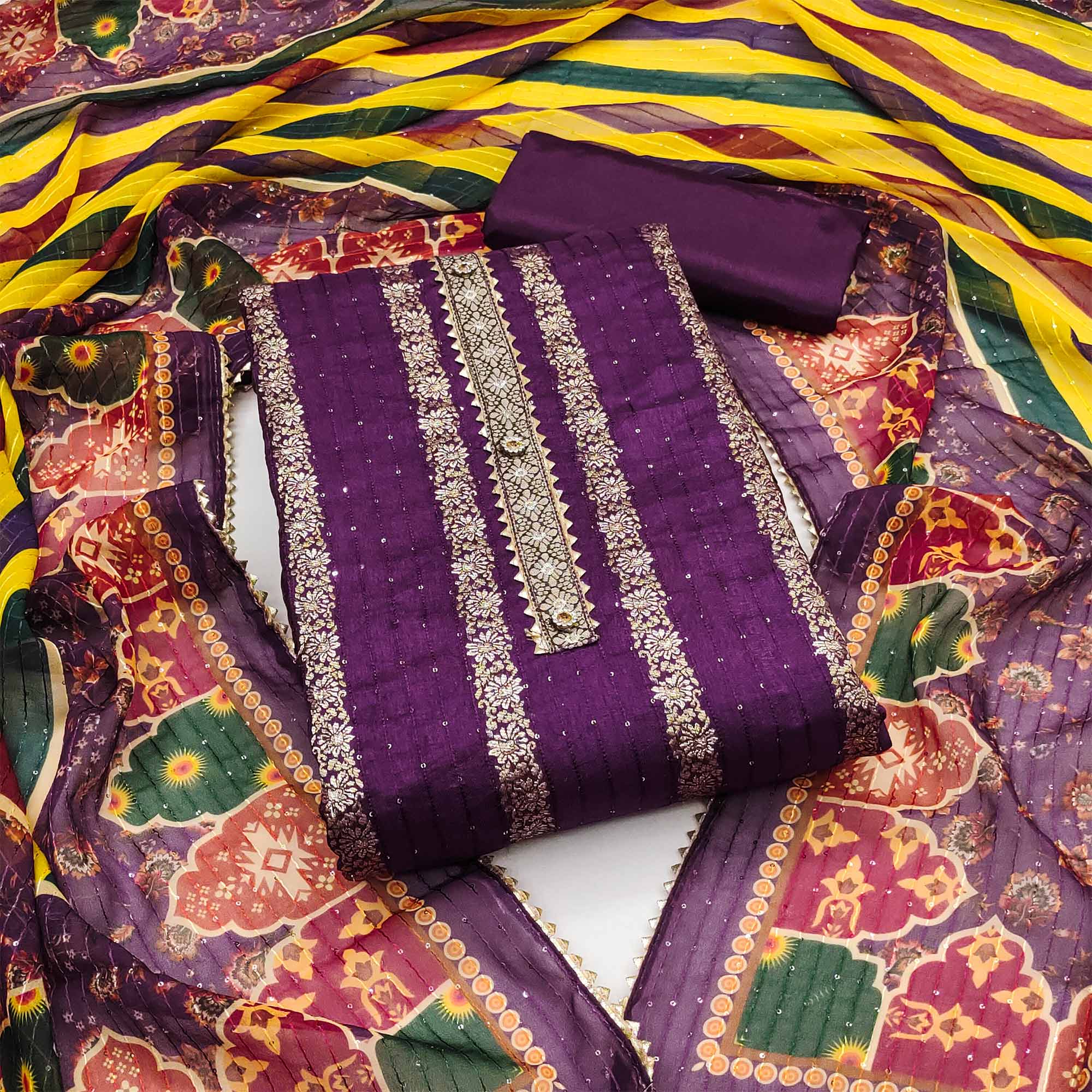 Peachmode Dark Purple Woven Banarasi Silk Dress Material