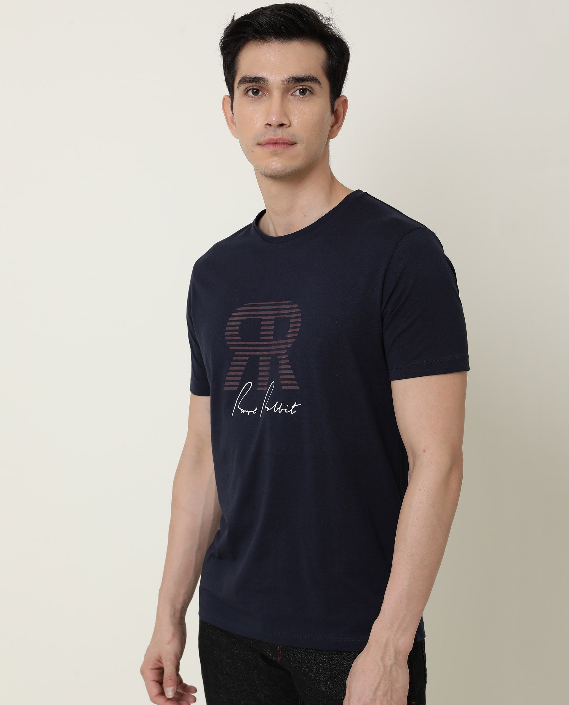 Rare Rabbit Mens Near Navy T-shirt Cotton Fabric Slim Fit Crew Neck Short Sleeve Graphic Print - view 4