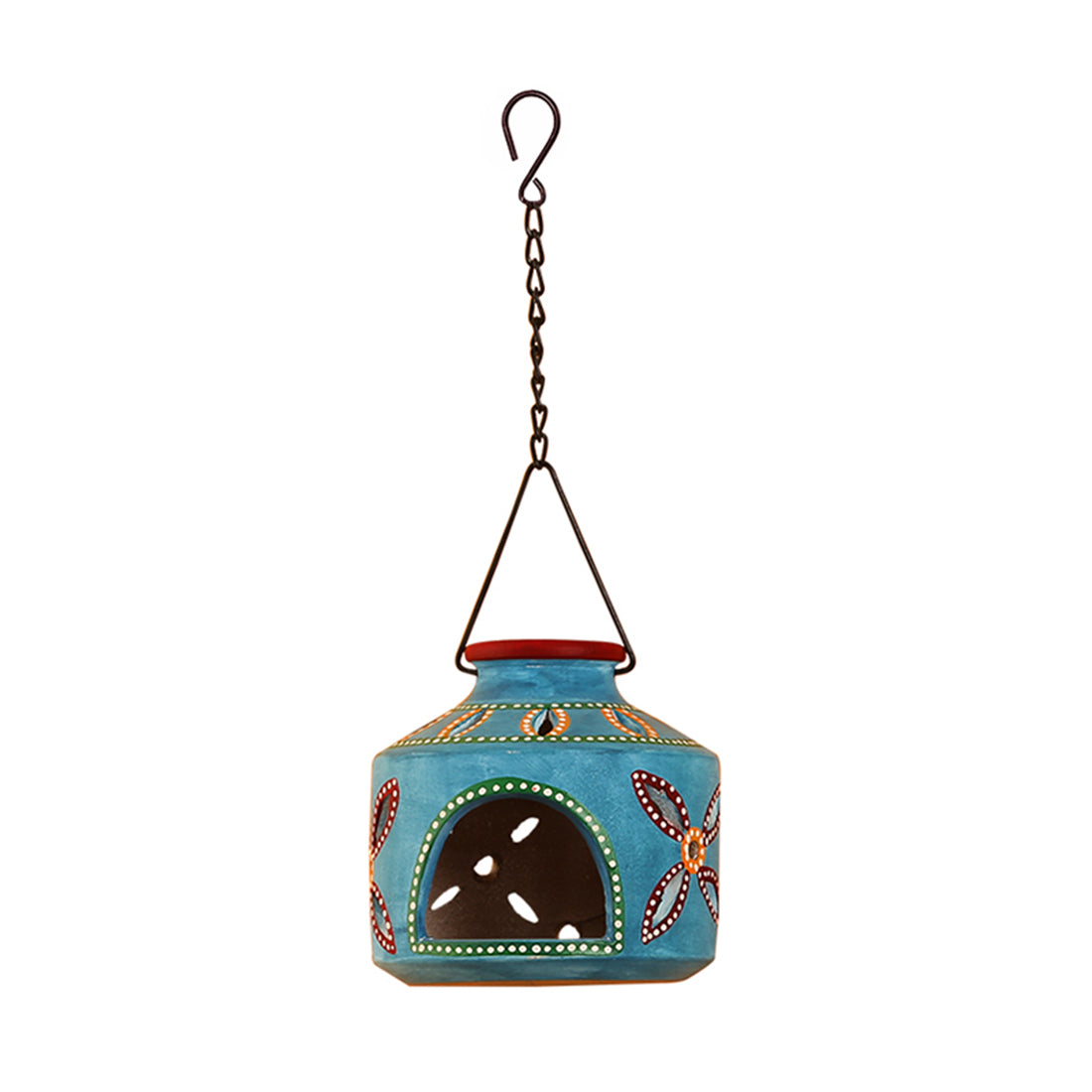 EXCLUSIVELANE 'The Glowing Matki' Handpainted Terracotta Hanging Tea Light Holder In Azure Blue - view 2
