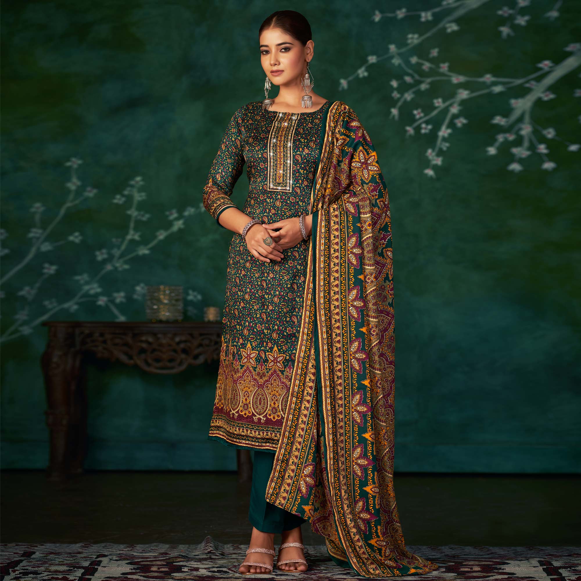 Peachmode Morpich Floral Printed With Swarovski Work Pashmina Suit - view 2