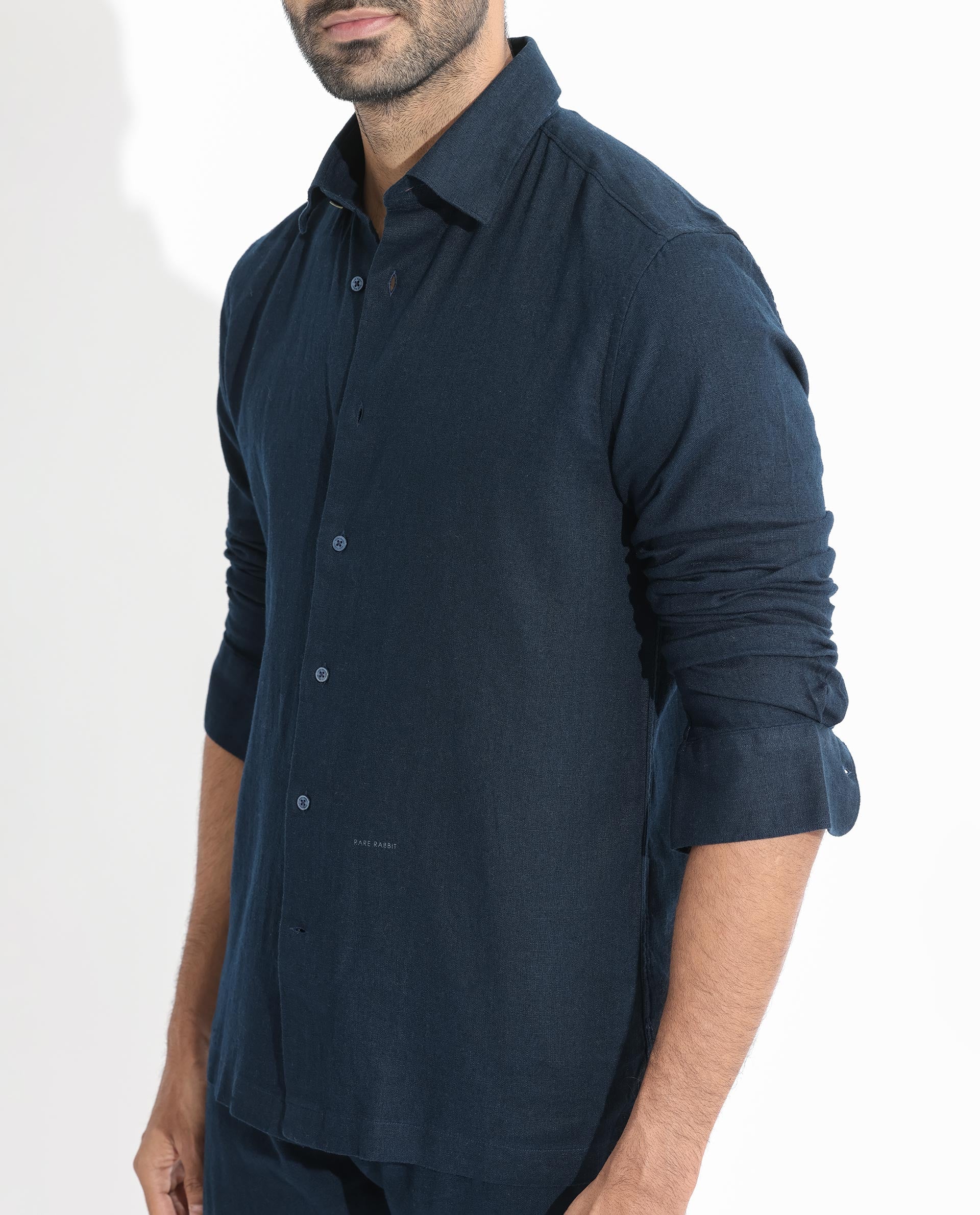 Rare Rabbit Men's Lunet Dark Navy Linen Full Sleeves Solid Shirt - view 6