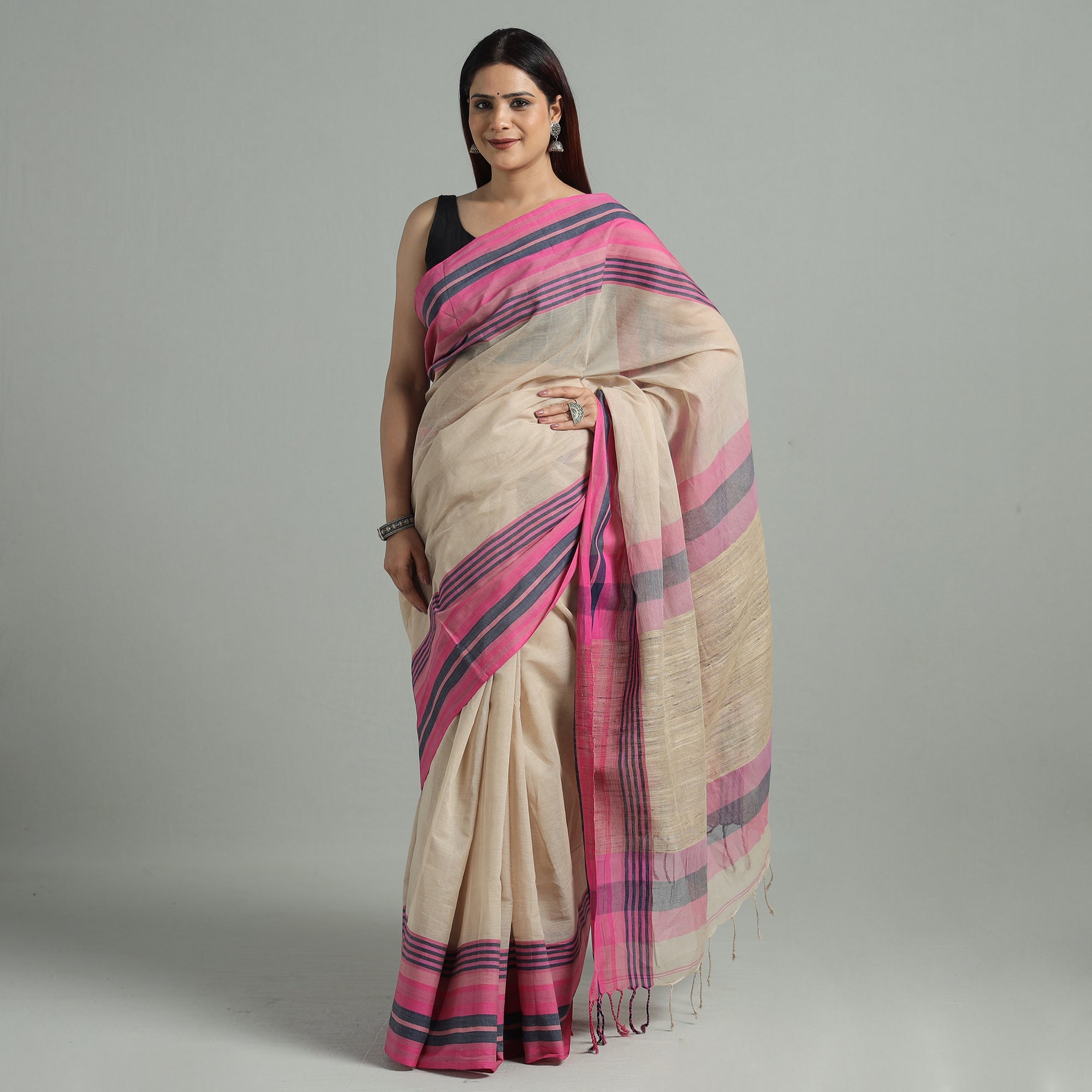 ITOKRI CRAFTS INITIATIVE Beige - Bengal Ghicha Border Handloom Pure Cotton Saree 34