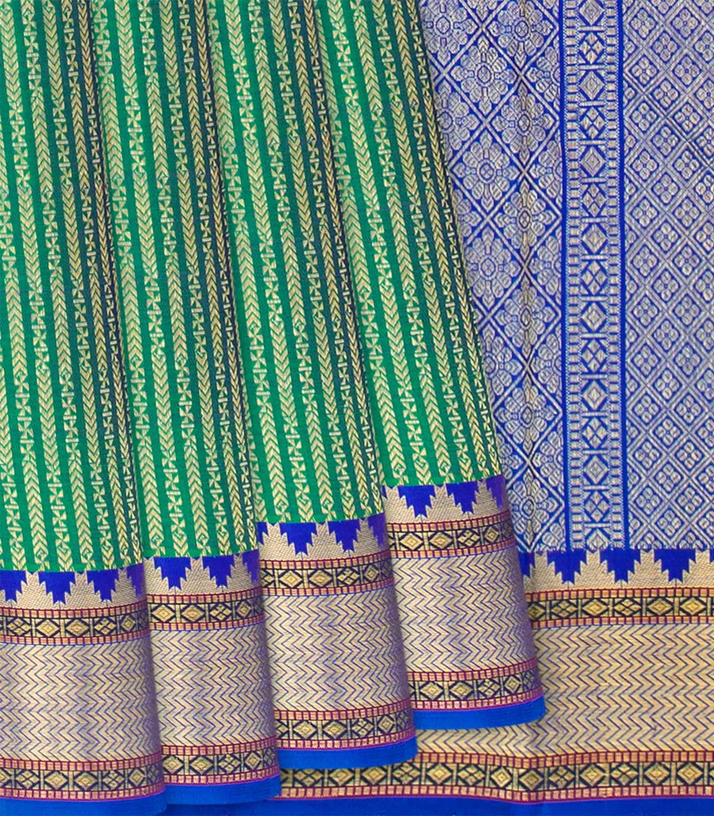 RmKV Sea Green Handloom Kanchipuram Silk Saree With Zari Stripes-Sage Green