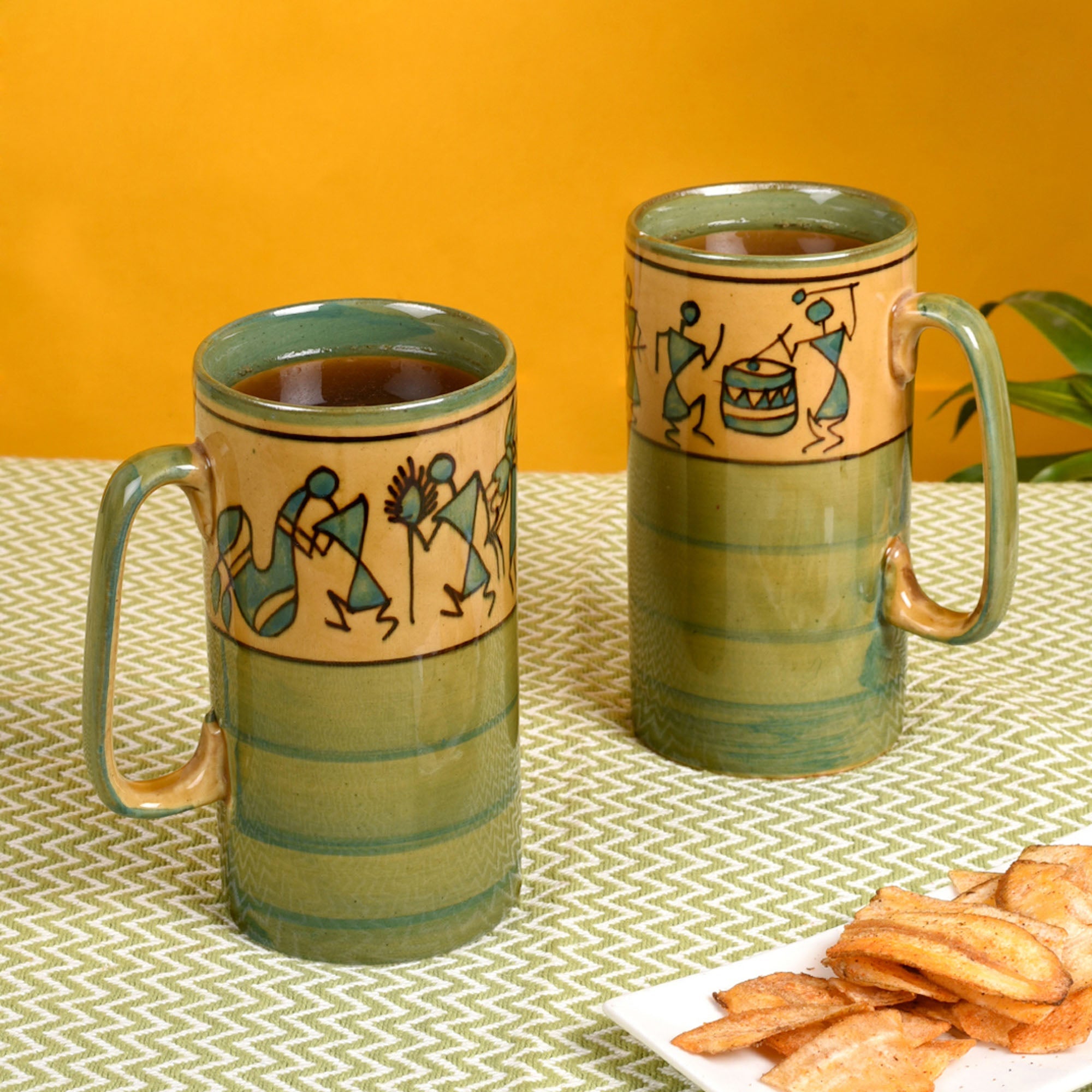 ART CREATIONS BY SUMAN SONTHALIA Green - Mug Ceramic Yellow Warli (Set of 2) (5x3.75x3.1)