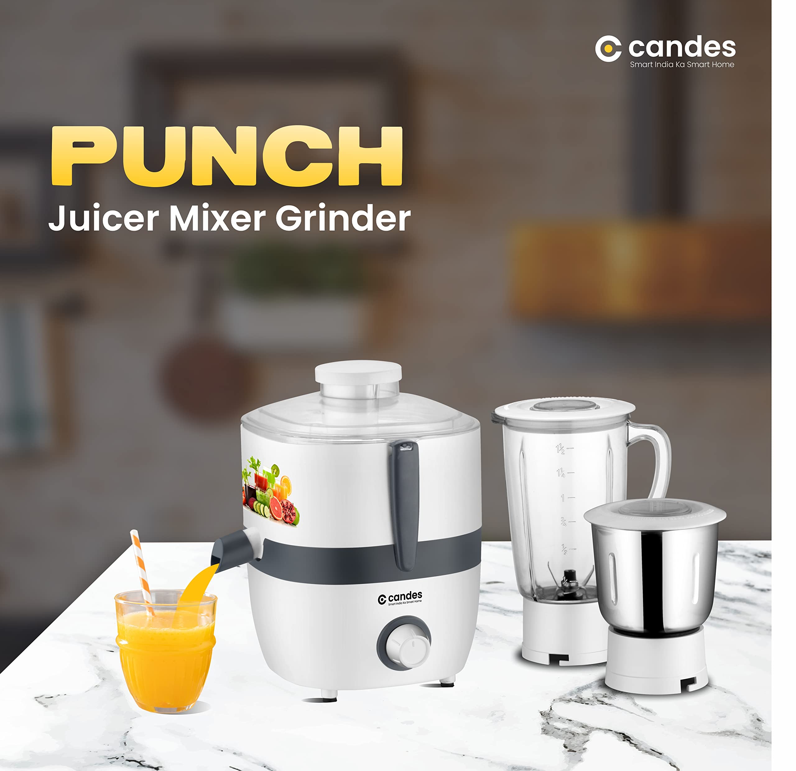 Candes Punch 550-Watt Juicer Mixer Grinder with 2 Jars, 1 Year Warranty (White, Grey) - view 2