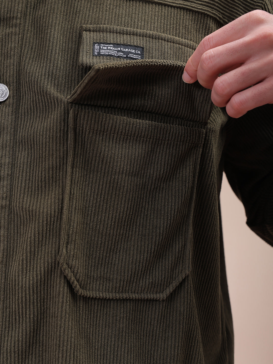 The Indian Garage Co Men's Olive Relaxed Fit Knitted Corduroy Utility Jacket - view 7