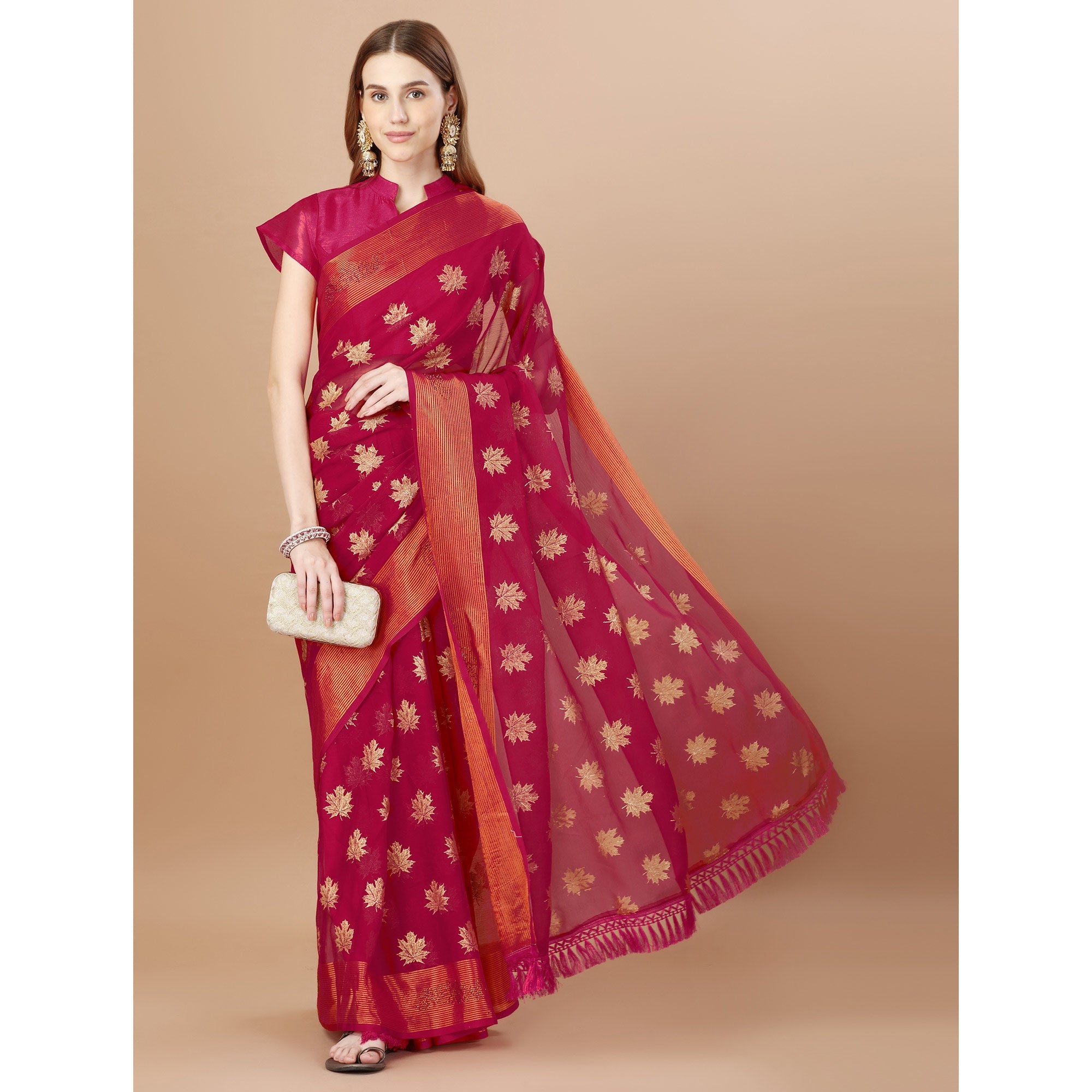 Peachmode Dark Magenta Zari Work Chiffon Saree With Tassels - view 5