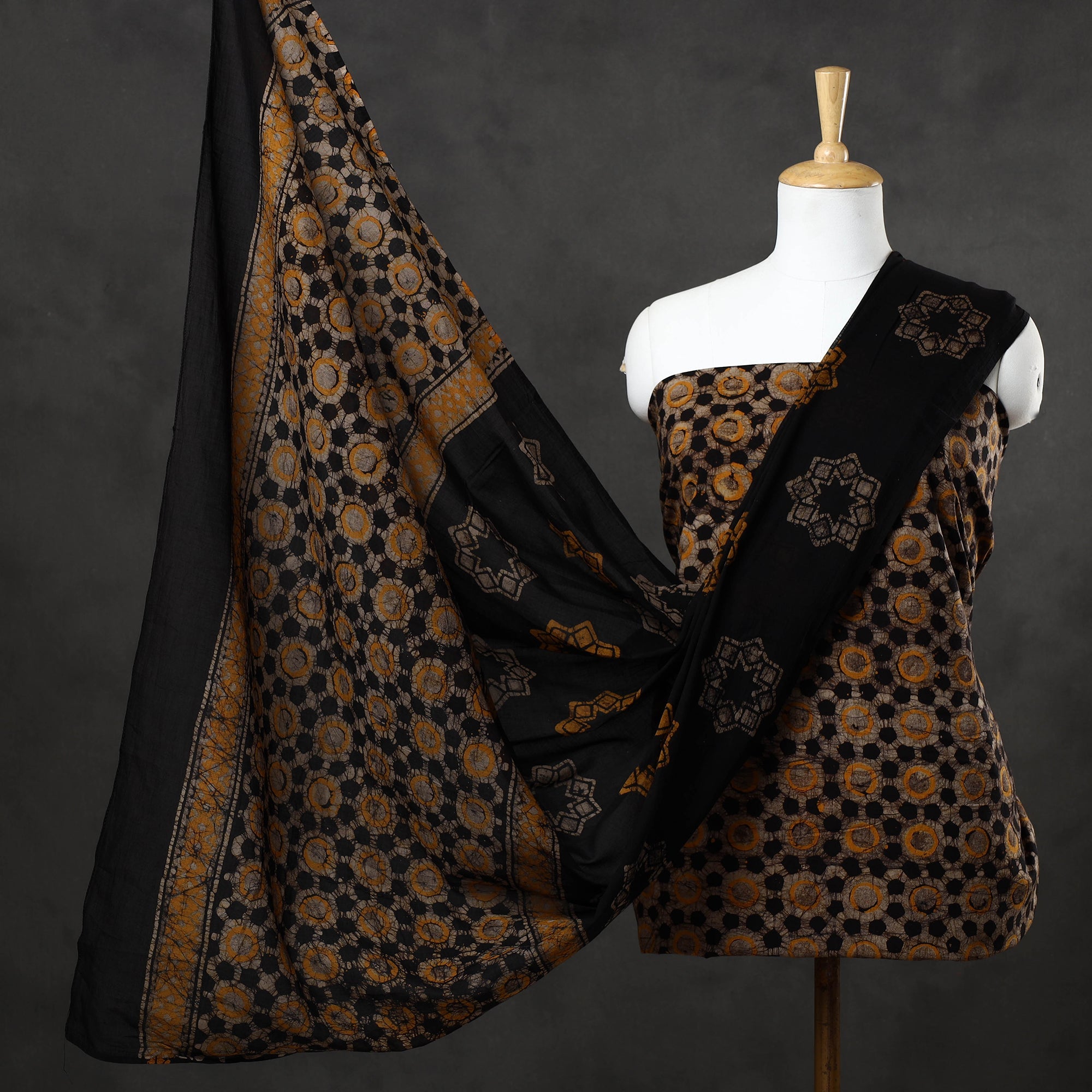 KACHCHH JI CHHAAP Black - 3pc Kutch Cotton Batik Print Dress Material 02