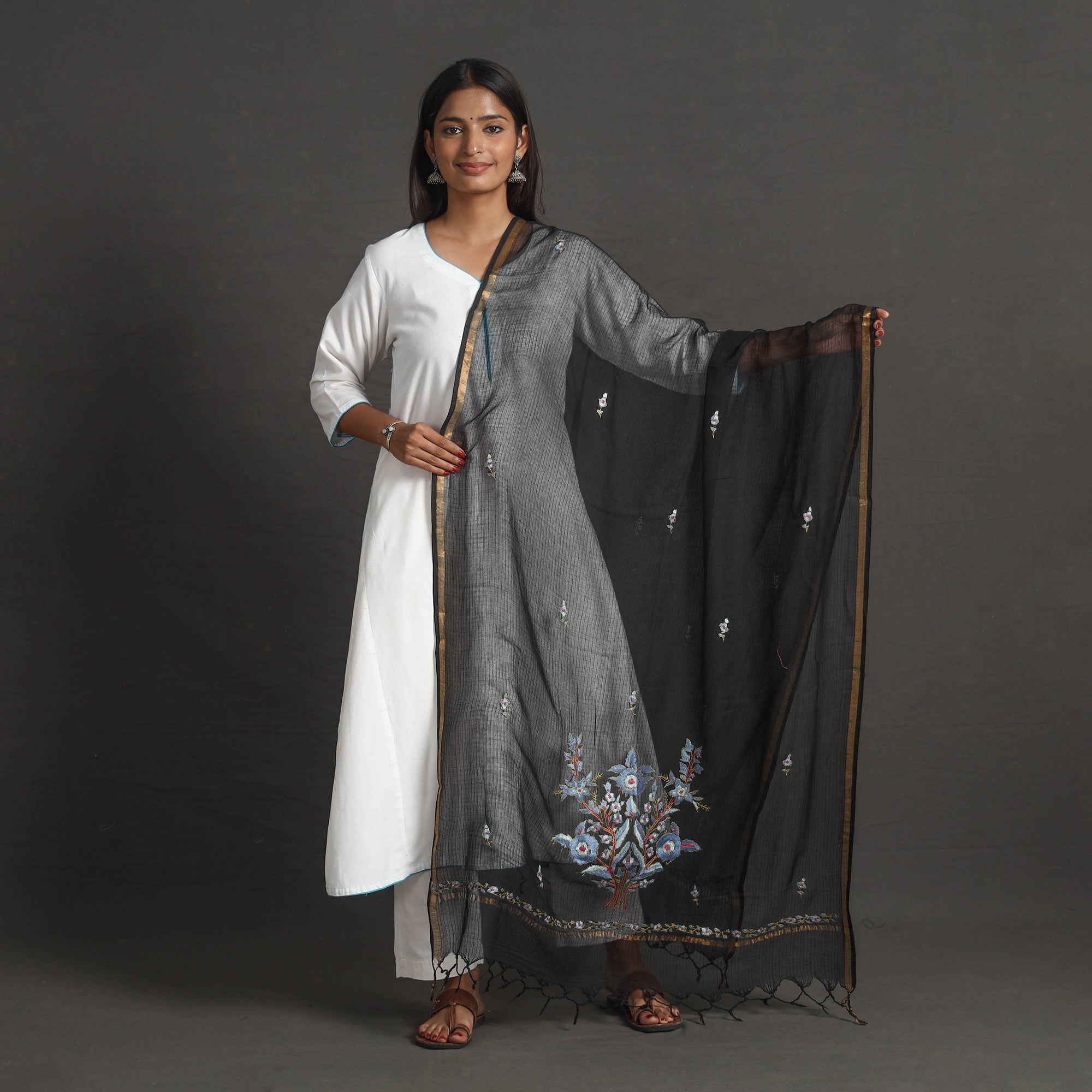 ITOKRI CRAFTS INITIATIVE Black - Kota Doria Silk Cotton Kashida Embroidery Dupatta 33