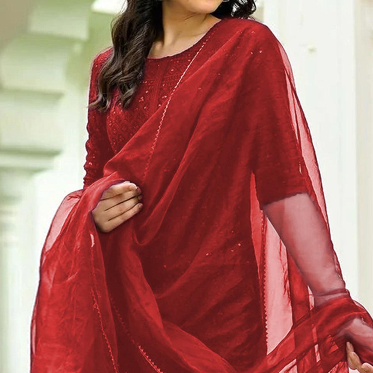 Peachmode Seller Maroon Lucknowi Chikankari Work Rayon Kurti Pant Set With Dupatta - view 2
