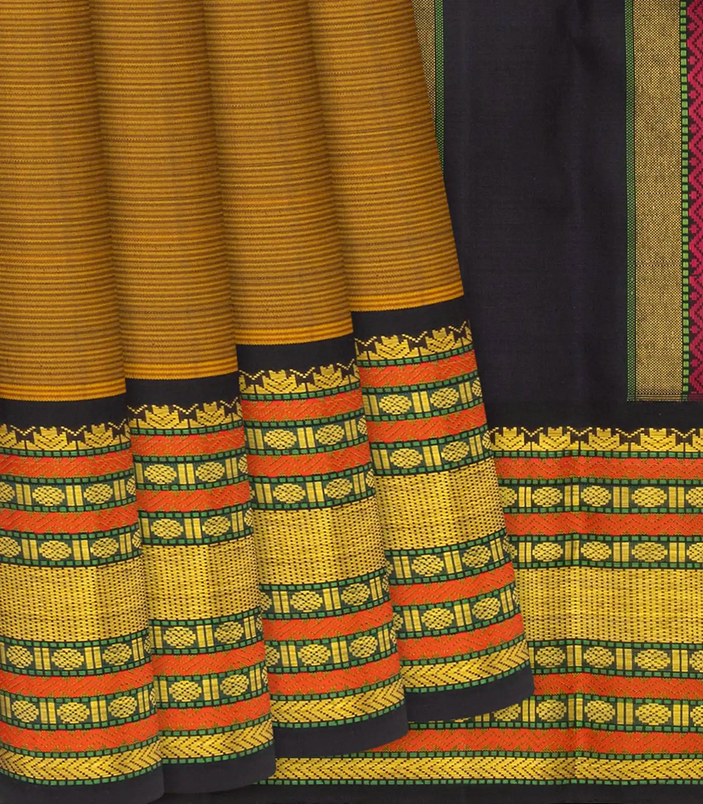 RmKV Oil Mustard Handloom Kanchipuram Korvai Silk Saree With Stripes-OIL MUSTARD