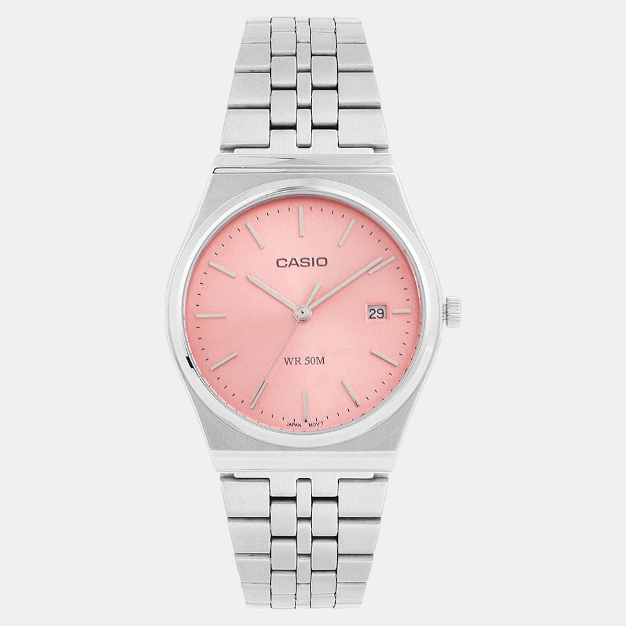 Casio Enticer Men Quartz Pink Dial Analog Stainless Steel Watch A2200