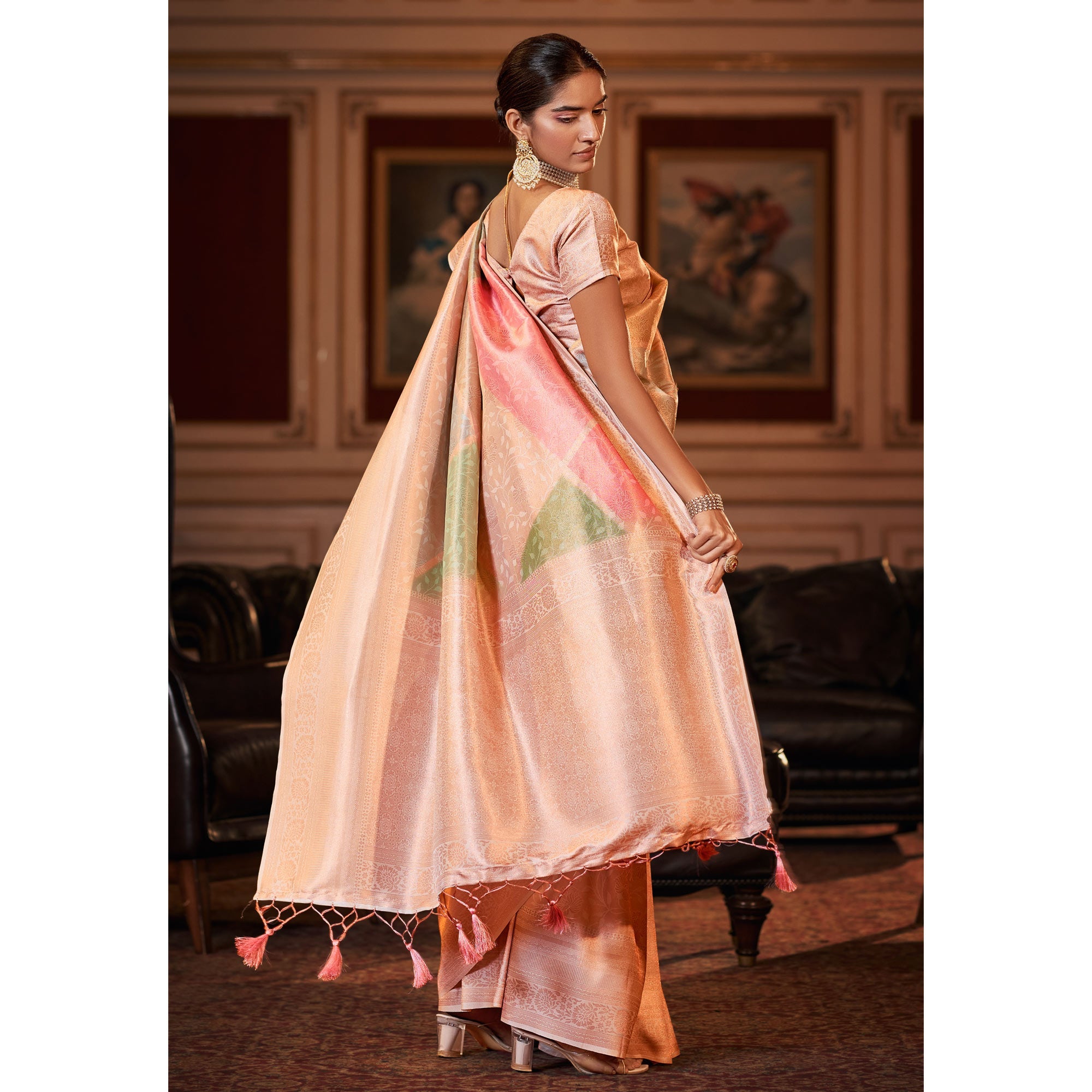 Peachmode Light Peach Woven Jacquard Saree With Tassels - view 3
