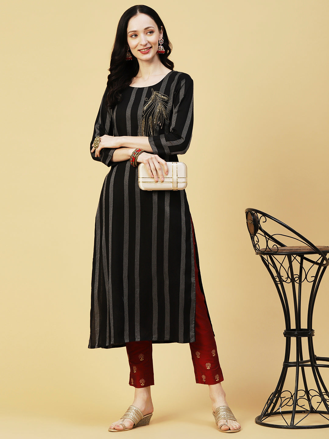 Fashor Woven Stripes & Ethnic Hand Embroidered Straight Fit Kurta - Black