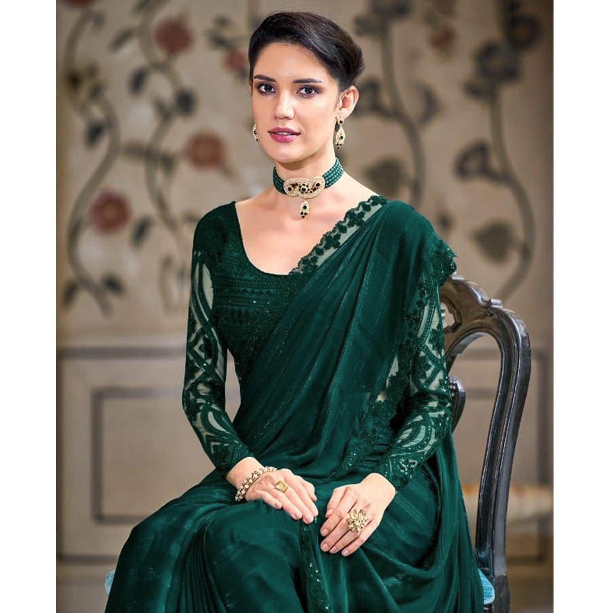 Peachmode Bottle Green Zari Striped Art Silk Saree - view 4